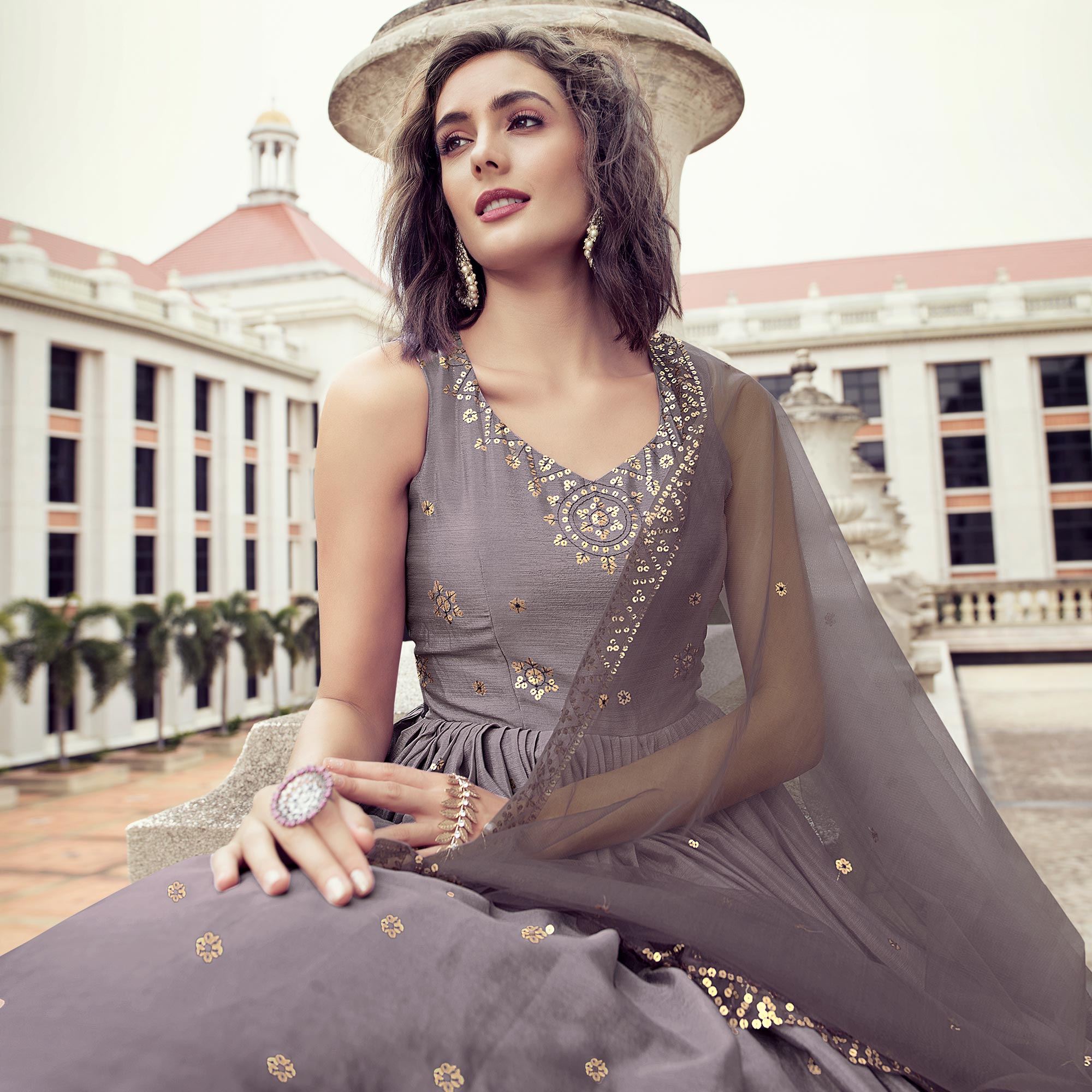 Light Violet Sequins Embroidered Chiffon Gown