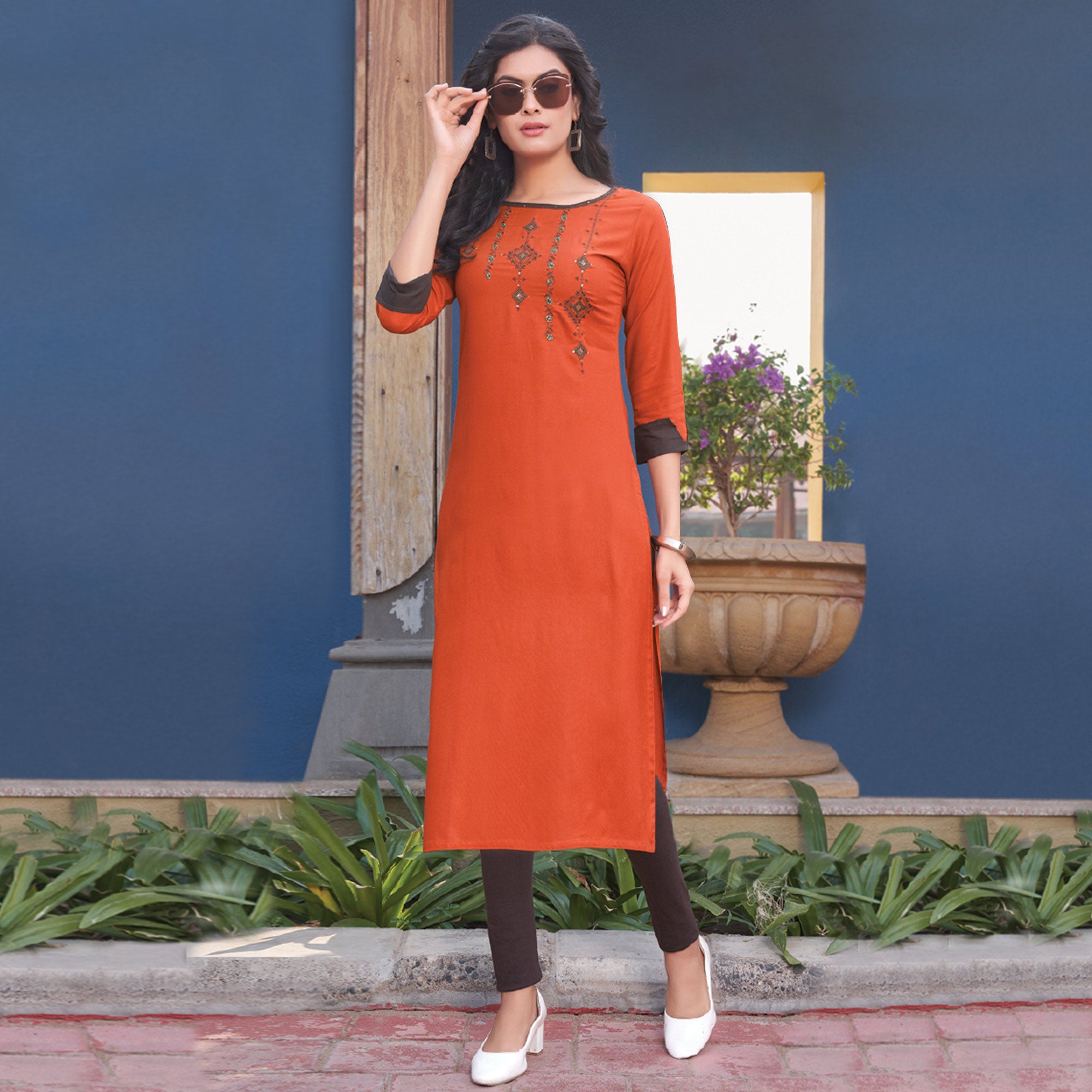 Orange Embroidered Rayon Kurti