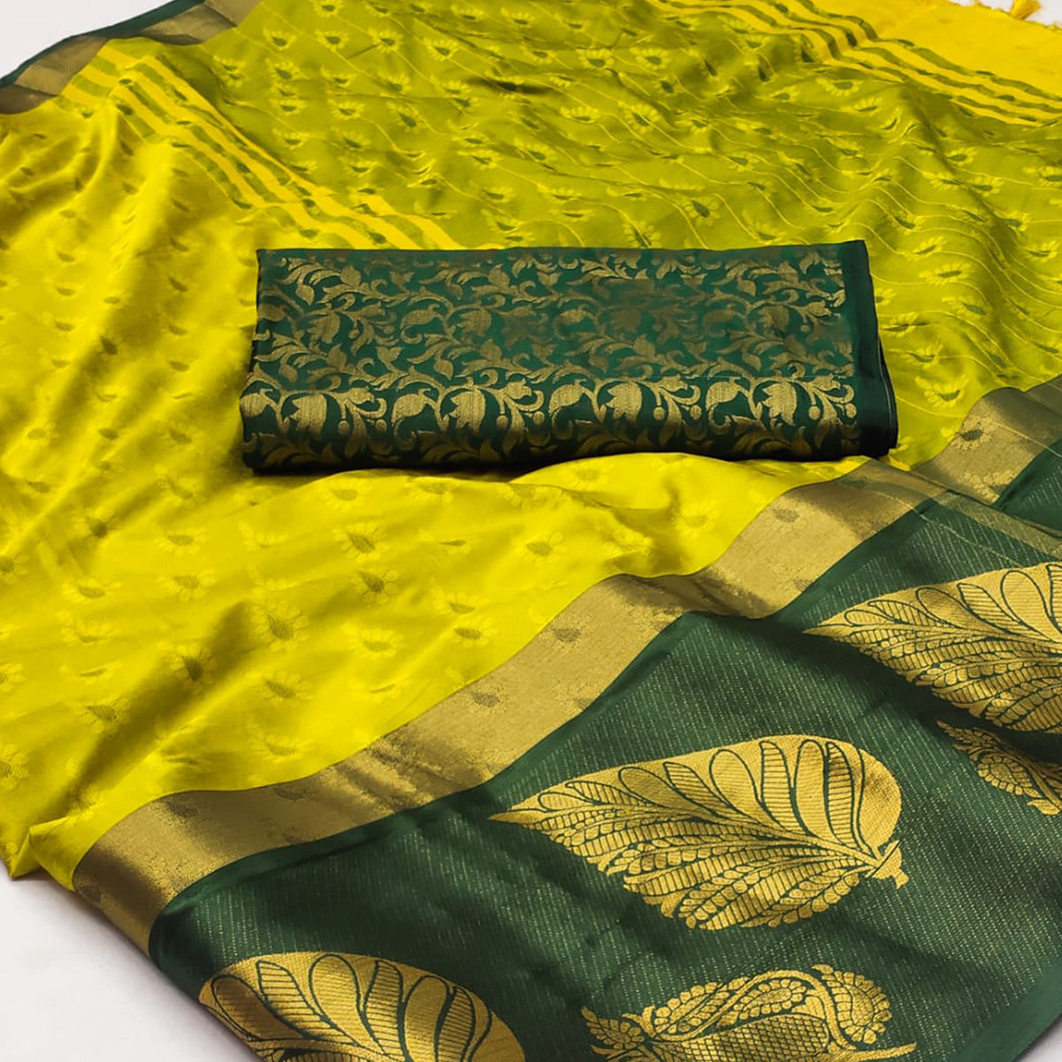 Lemon Green Woven Cotton Silk Saree With Tassels