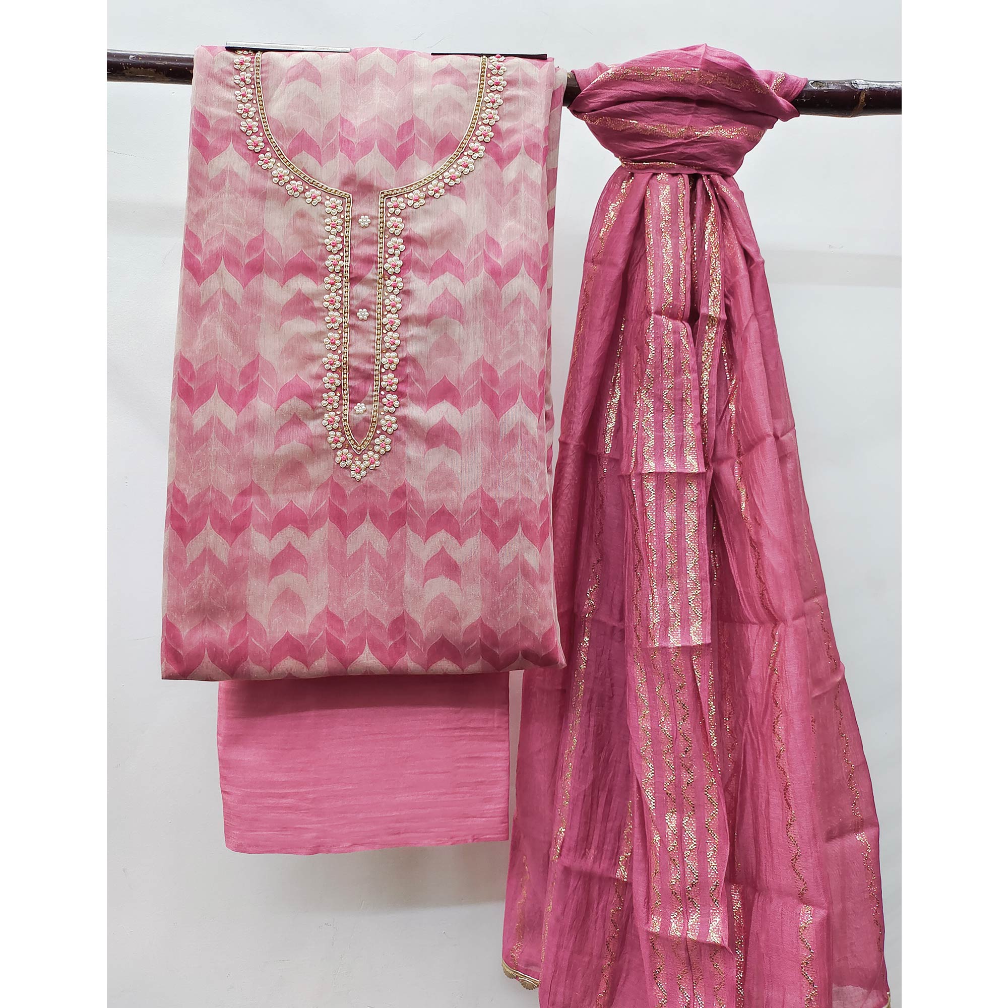 Pink Printed With Handwork Modal Dress Material