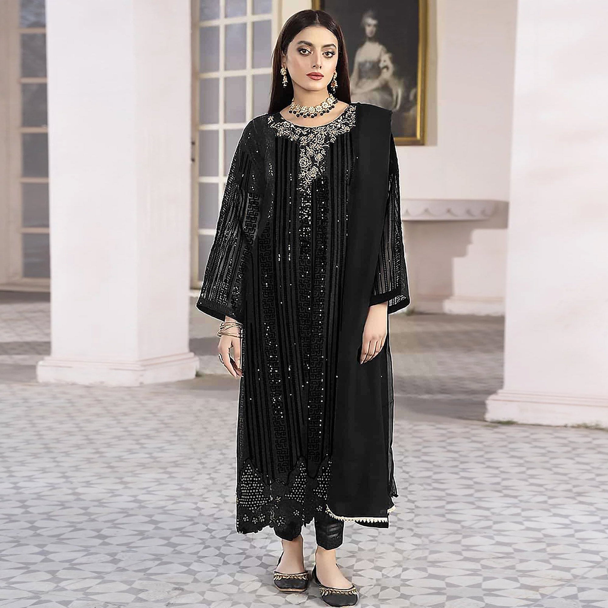 Black Sequins Embroidered Georgette Pakistani Suit