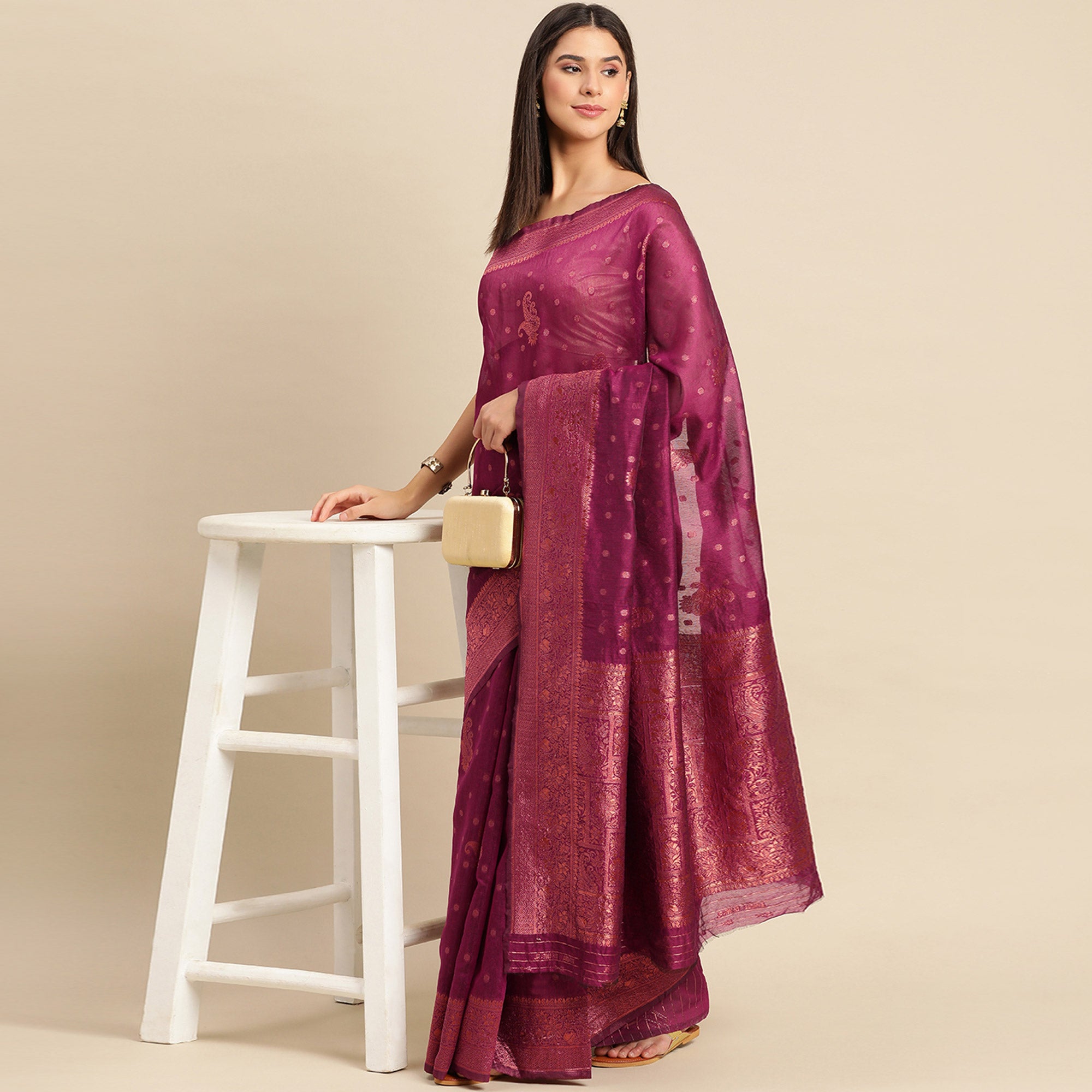Wine Woven Organza Saree