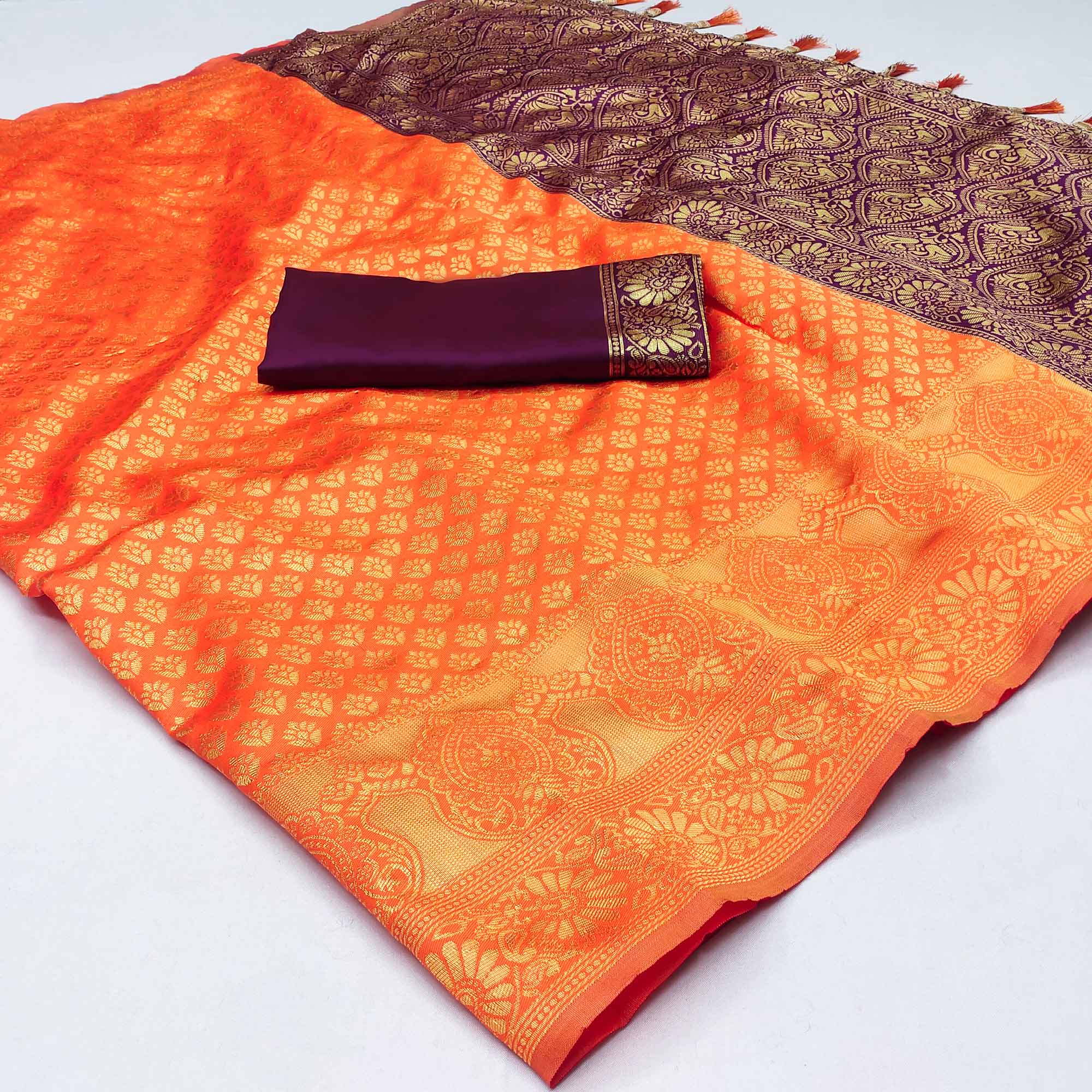 Orange Woven Banarasi Silk Saree With Tassels