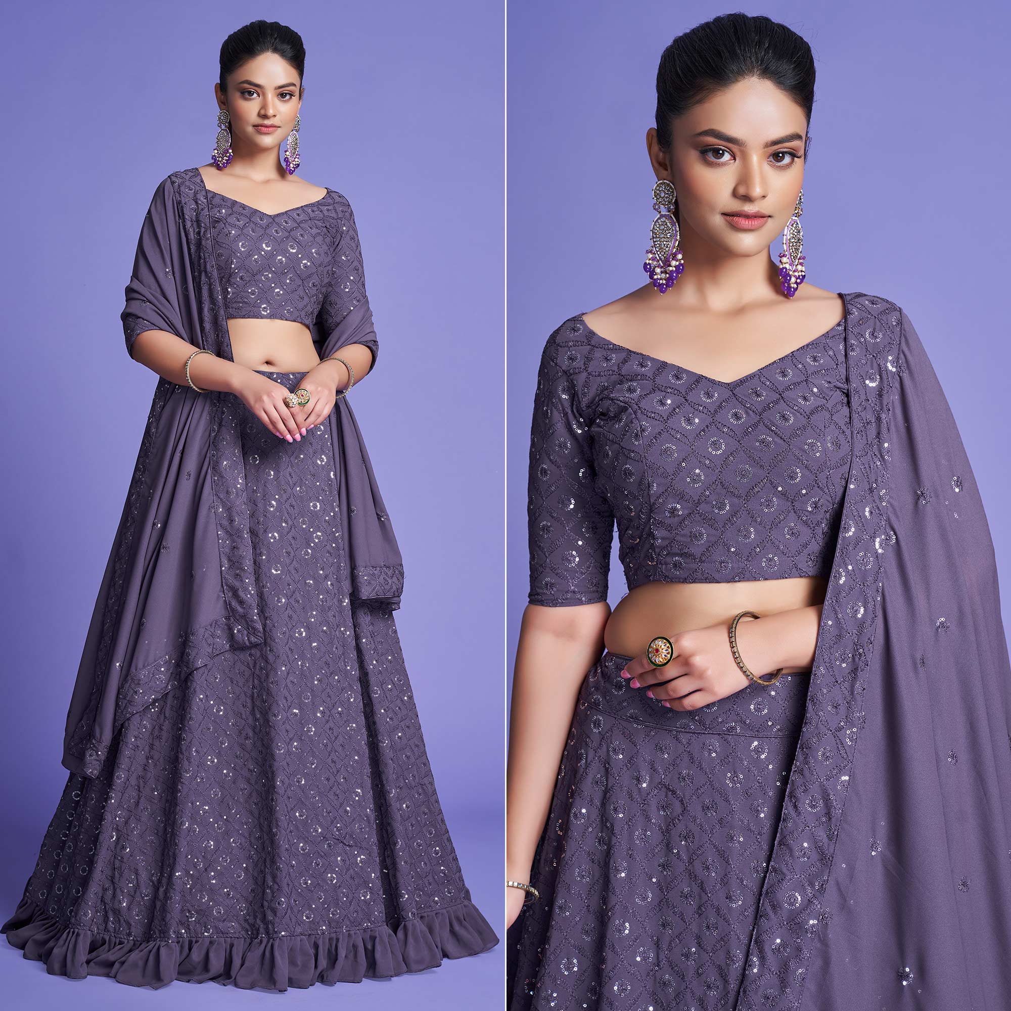 Purple Sequins Embroidered Georgette Lehenga Choli