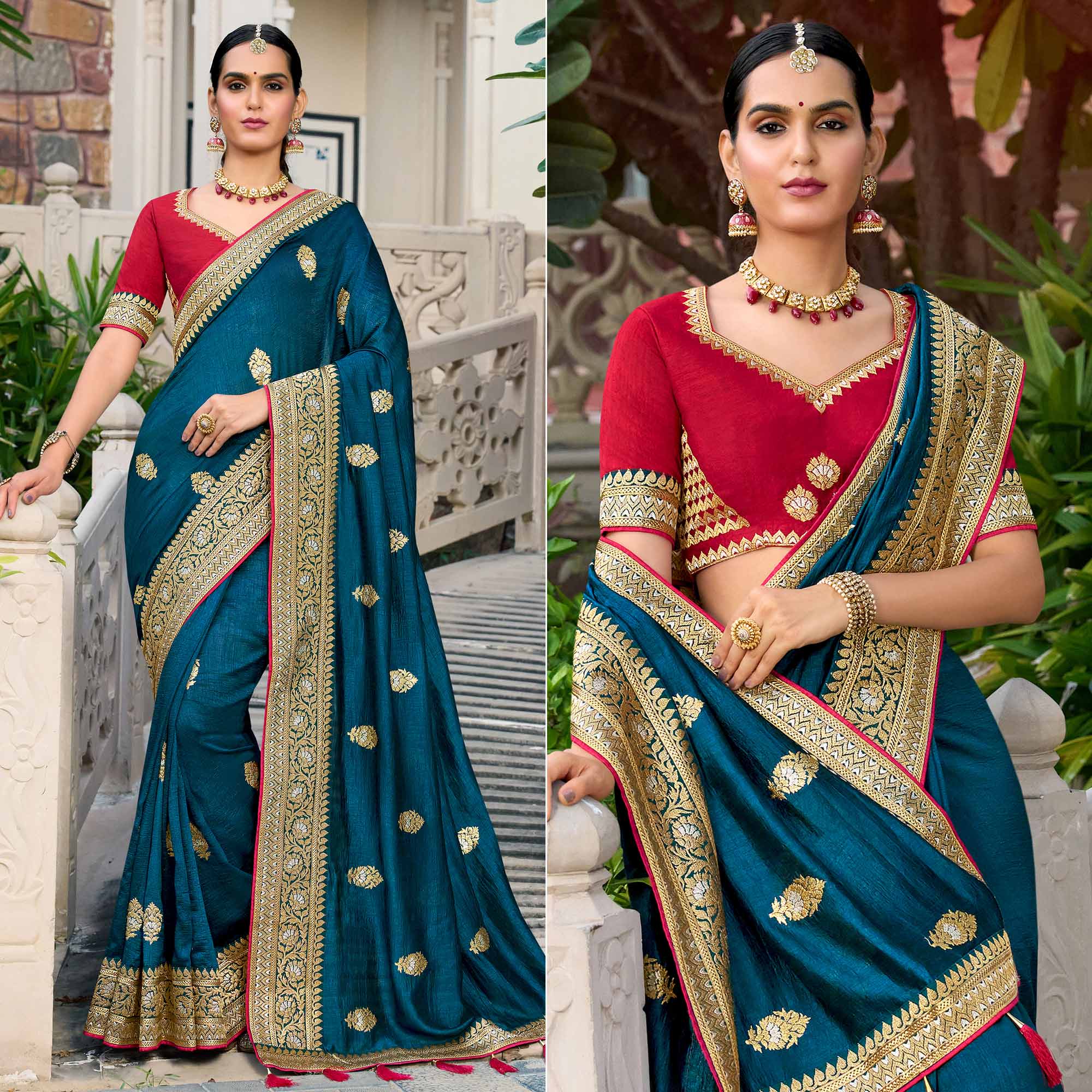 Teal Blue Embroidered Vichitra Silk Saree With With Tassels