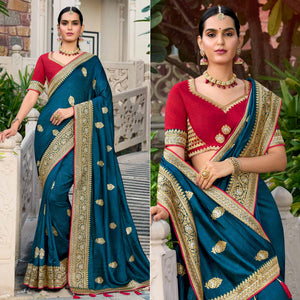 Teal Blue Embroidered Vichitra Silk Saree With With Tassels