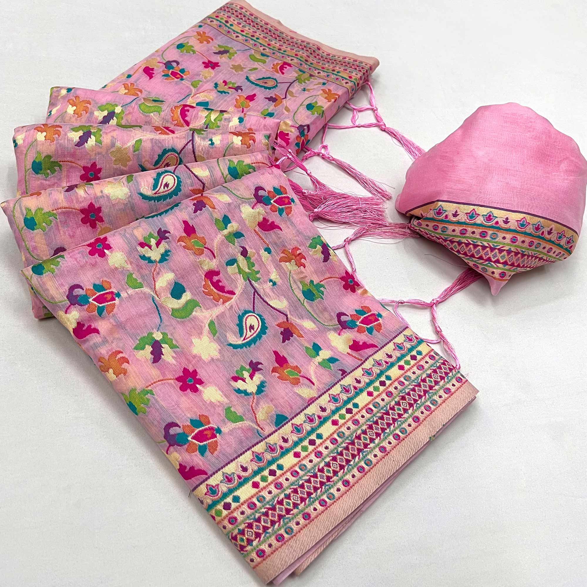 Pink Floral Woven Chanderi Saree