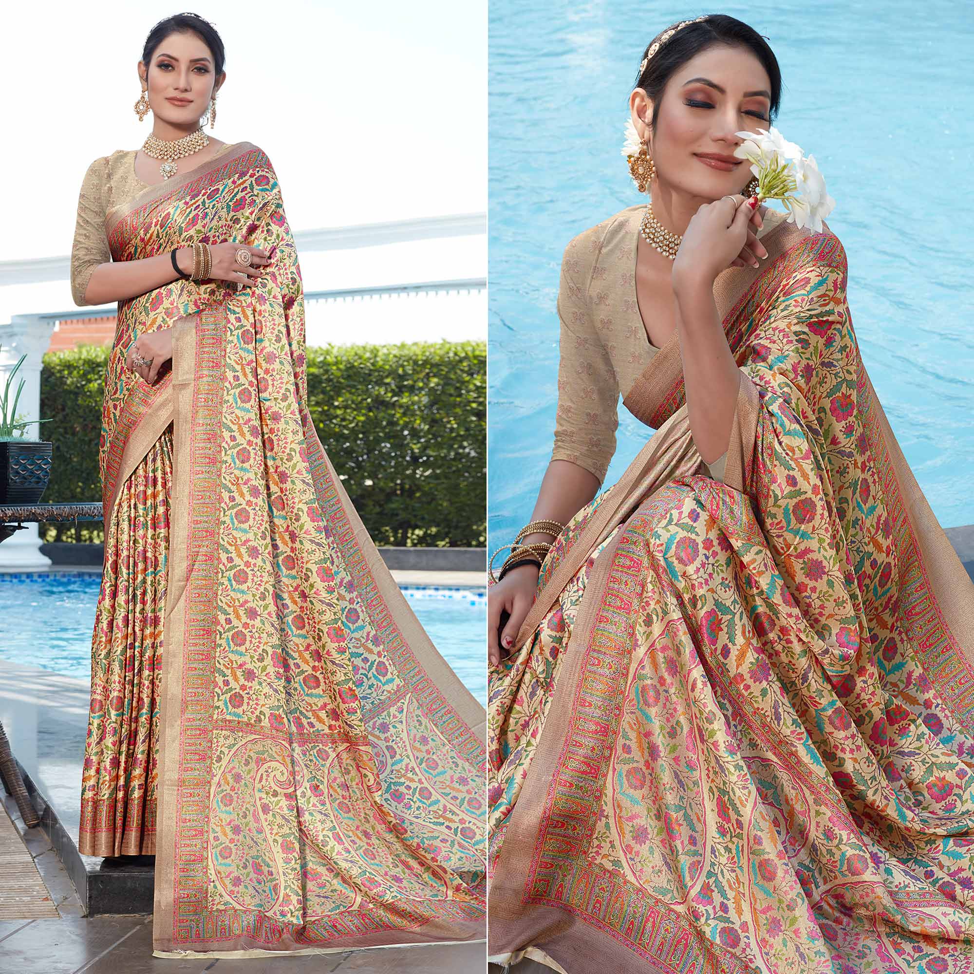 Cream Digital Printed Pashmina Saree