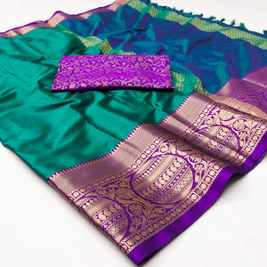 Rama Green Woven Cotton Silk Saree With Tassels