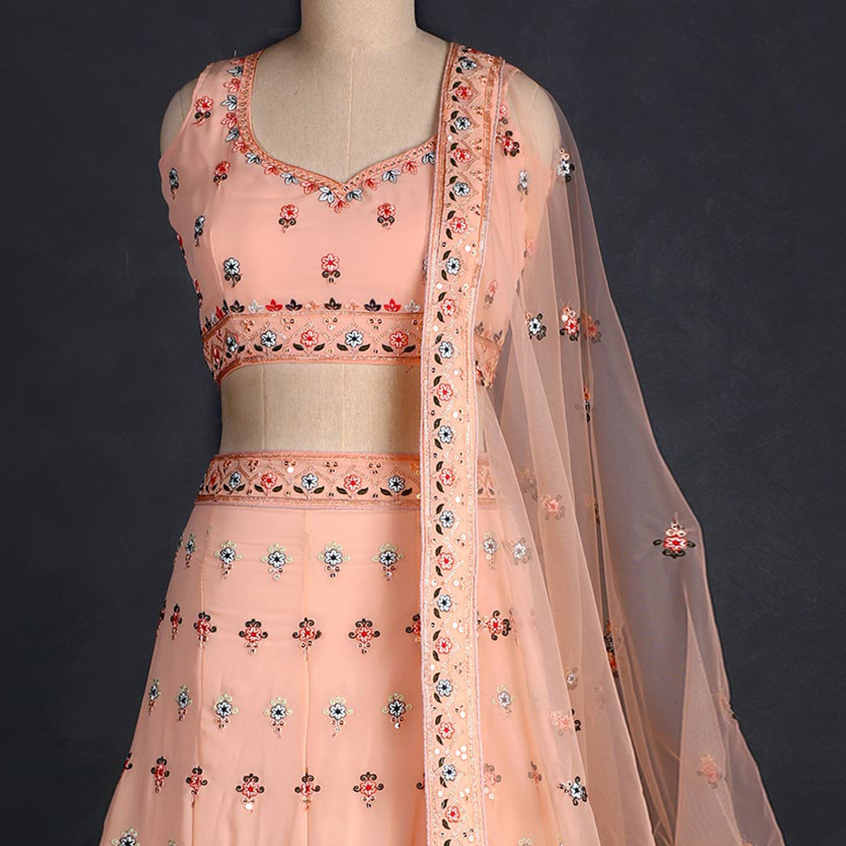 Peach Sequins Embroidered Georgette Lehenga Choli