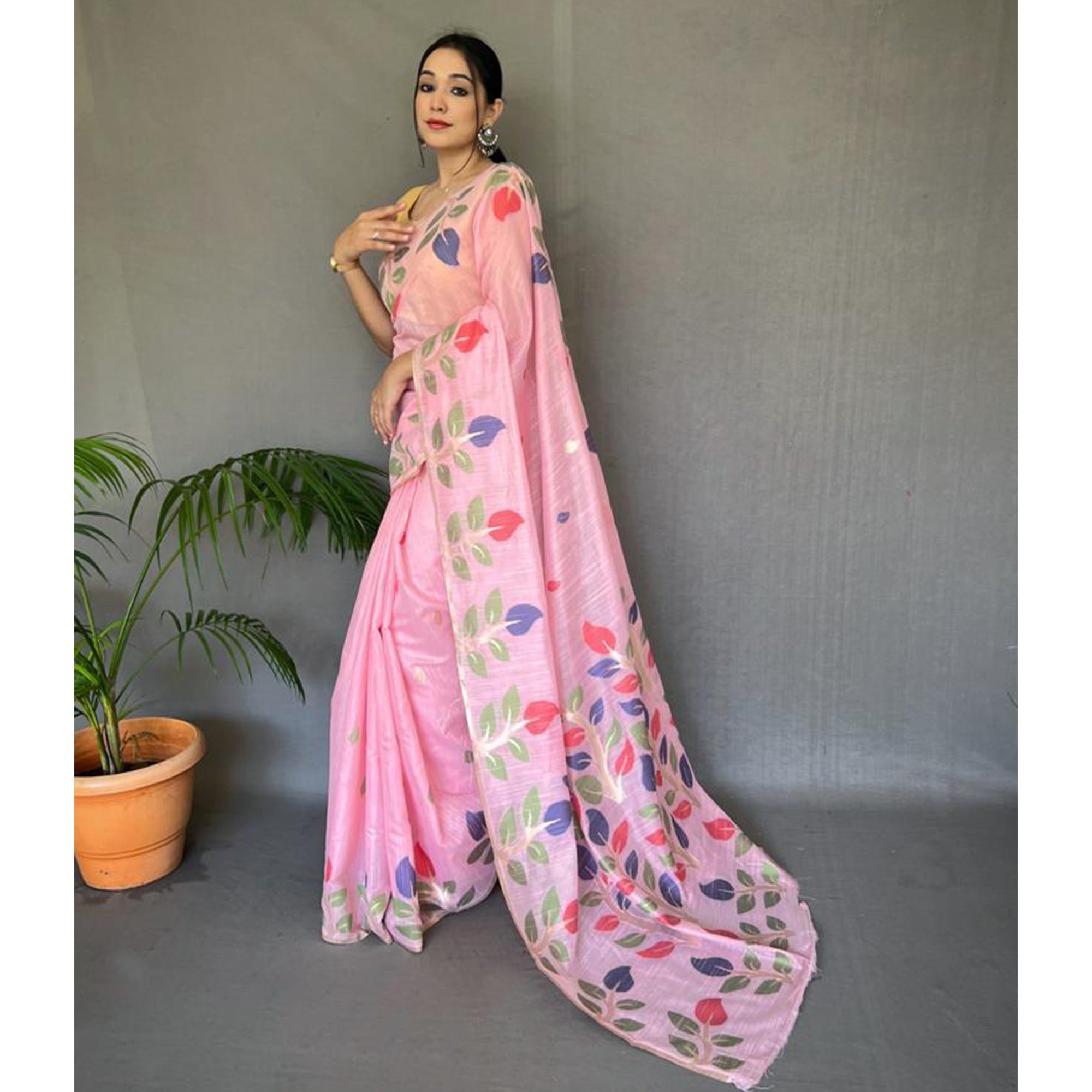 Pink Floral Woven Cotton Saree