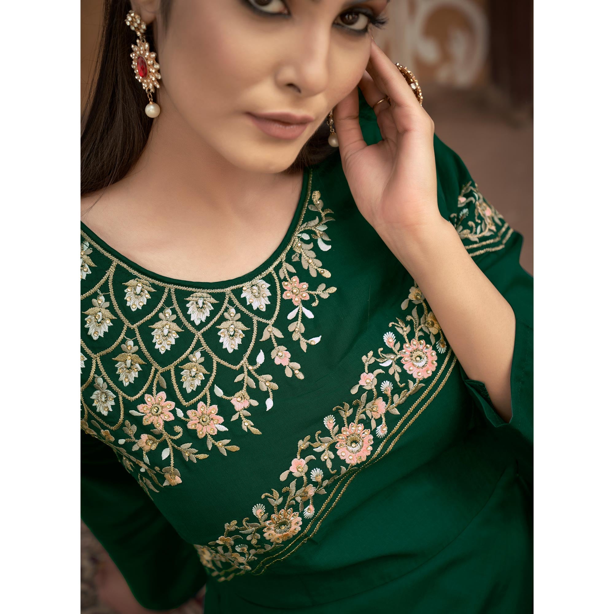 Bottle Green Floral Embroidered Muslin Gown