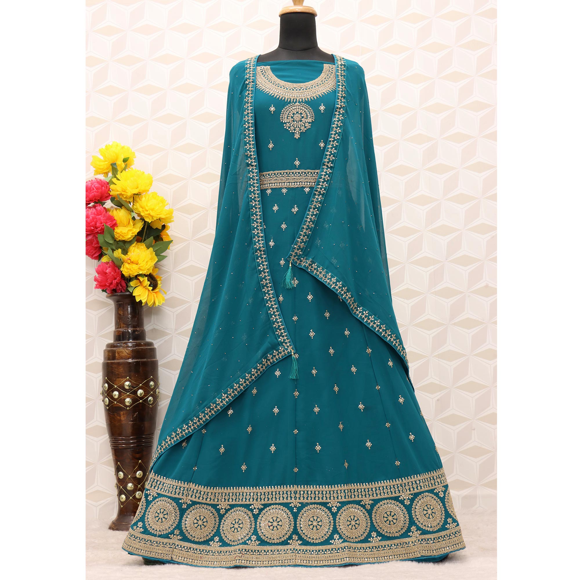 Teal Blue Sequins Embroidered Georgette Semi Stitched Anarkali Suit
