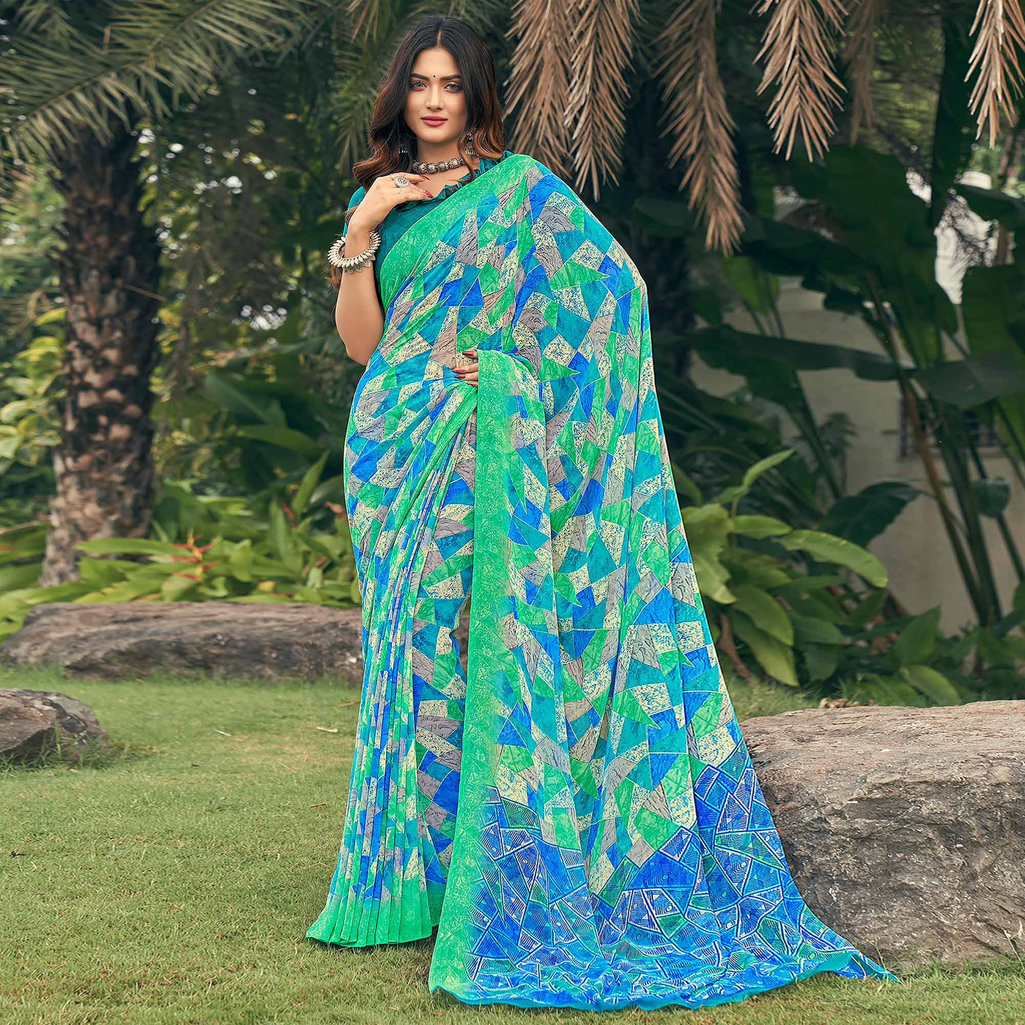 Blue & Green Geometric Printed Georgette Saree