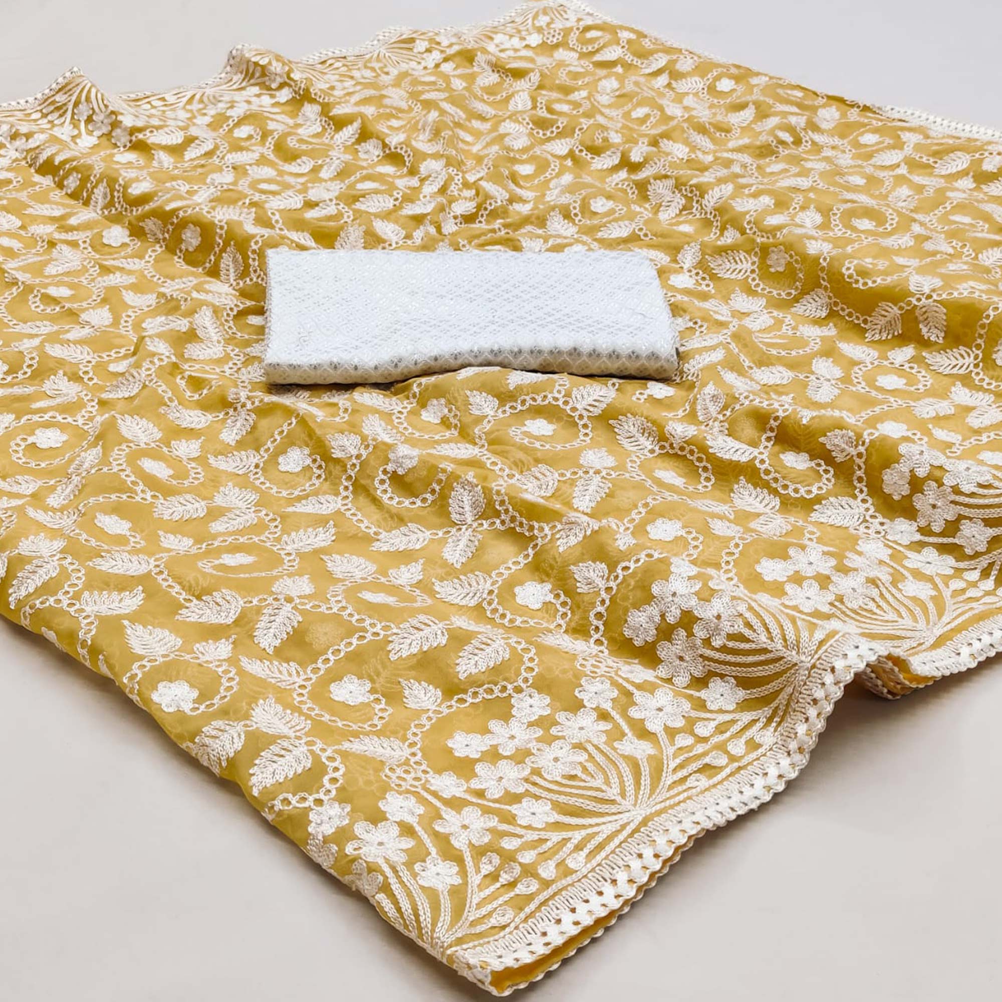 Yellow Lucknowi Embroidered Organza Saree