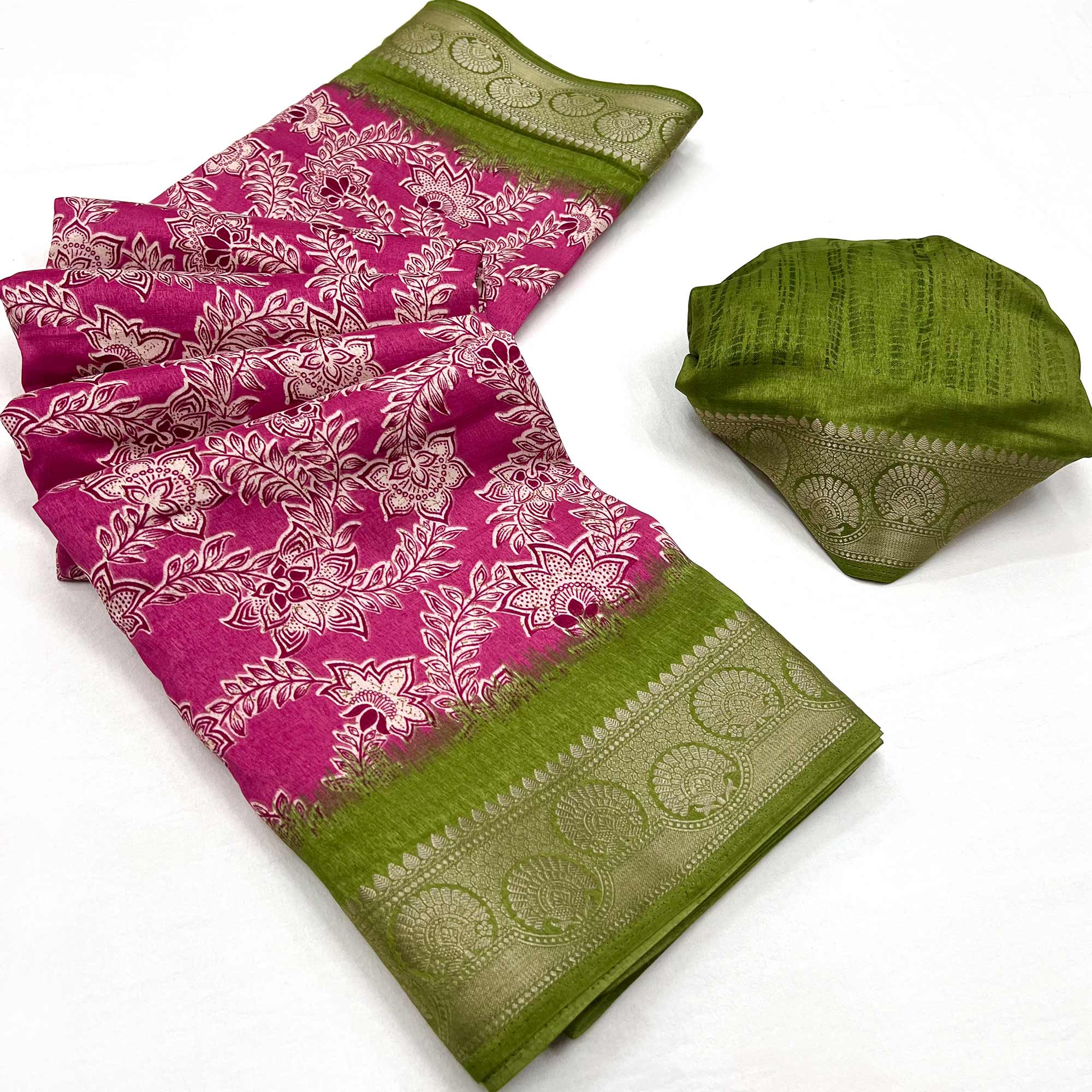 Pink Floral Printed With Woven Border Dola Silk Saree