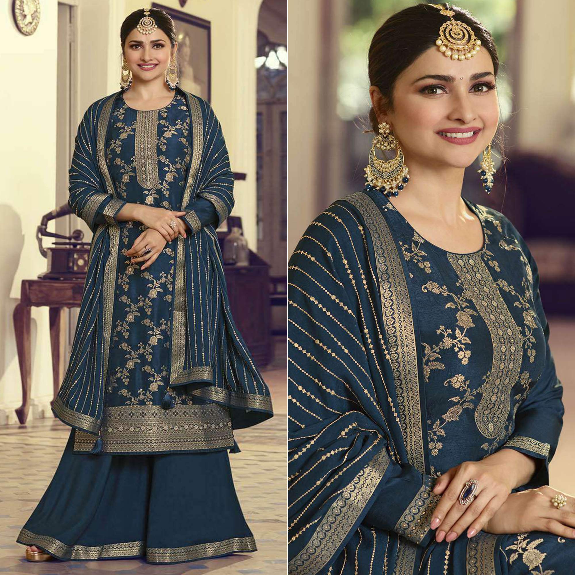 Teal Blue Embroidered Dola Silk Palazzo Suit