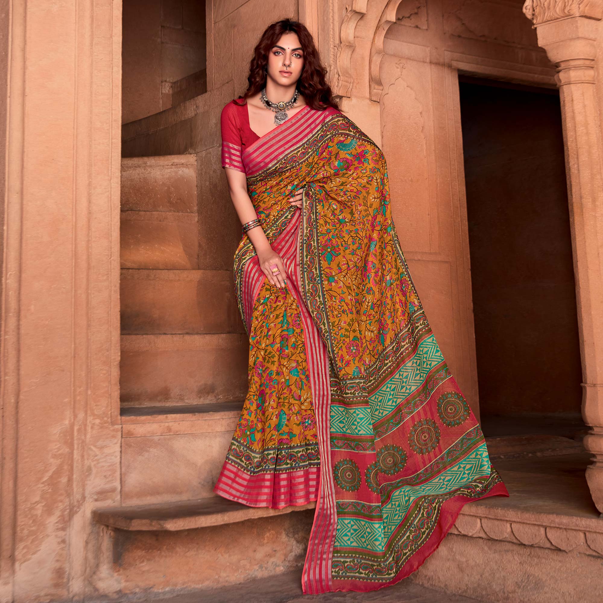 Mustard Floral Printed Linen Saree