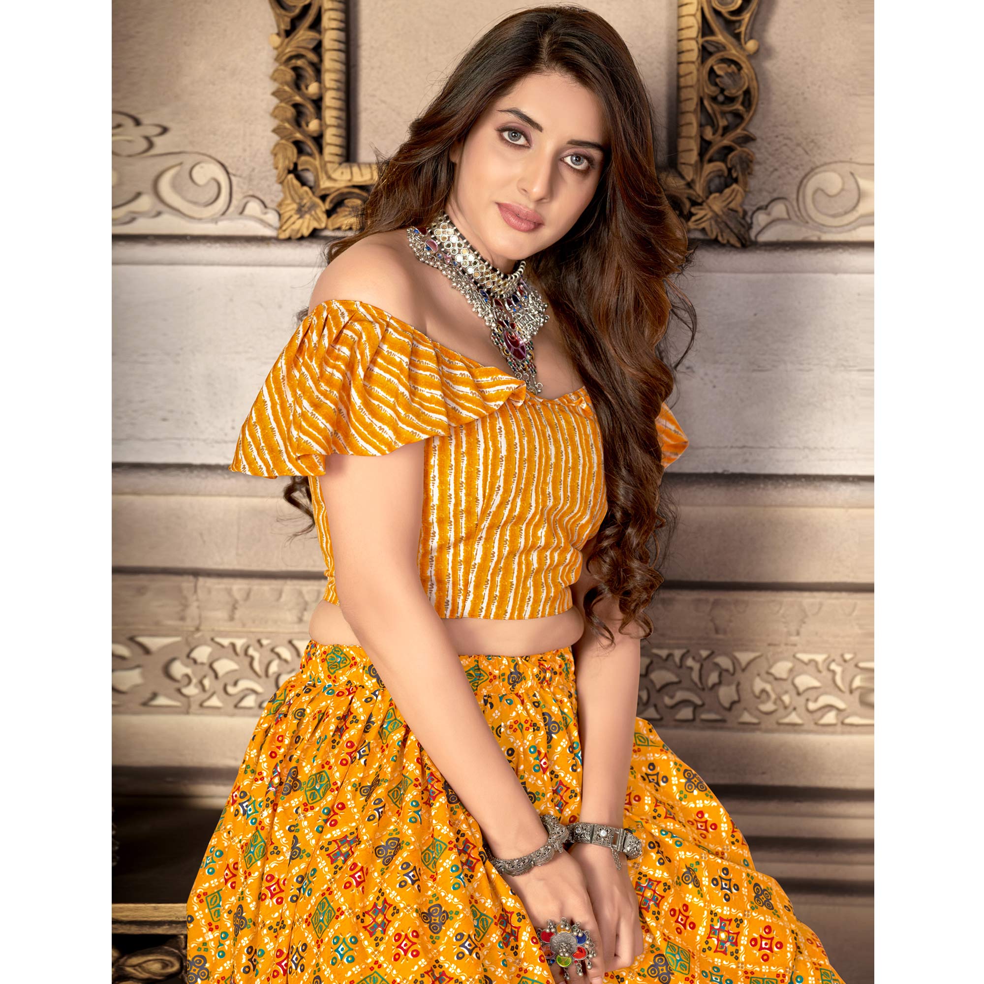 Yellow Printed Crepe Top Skirt Set