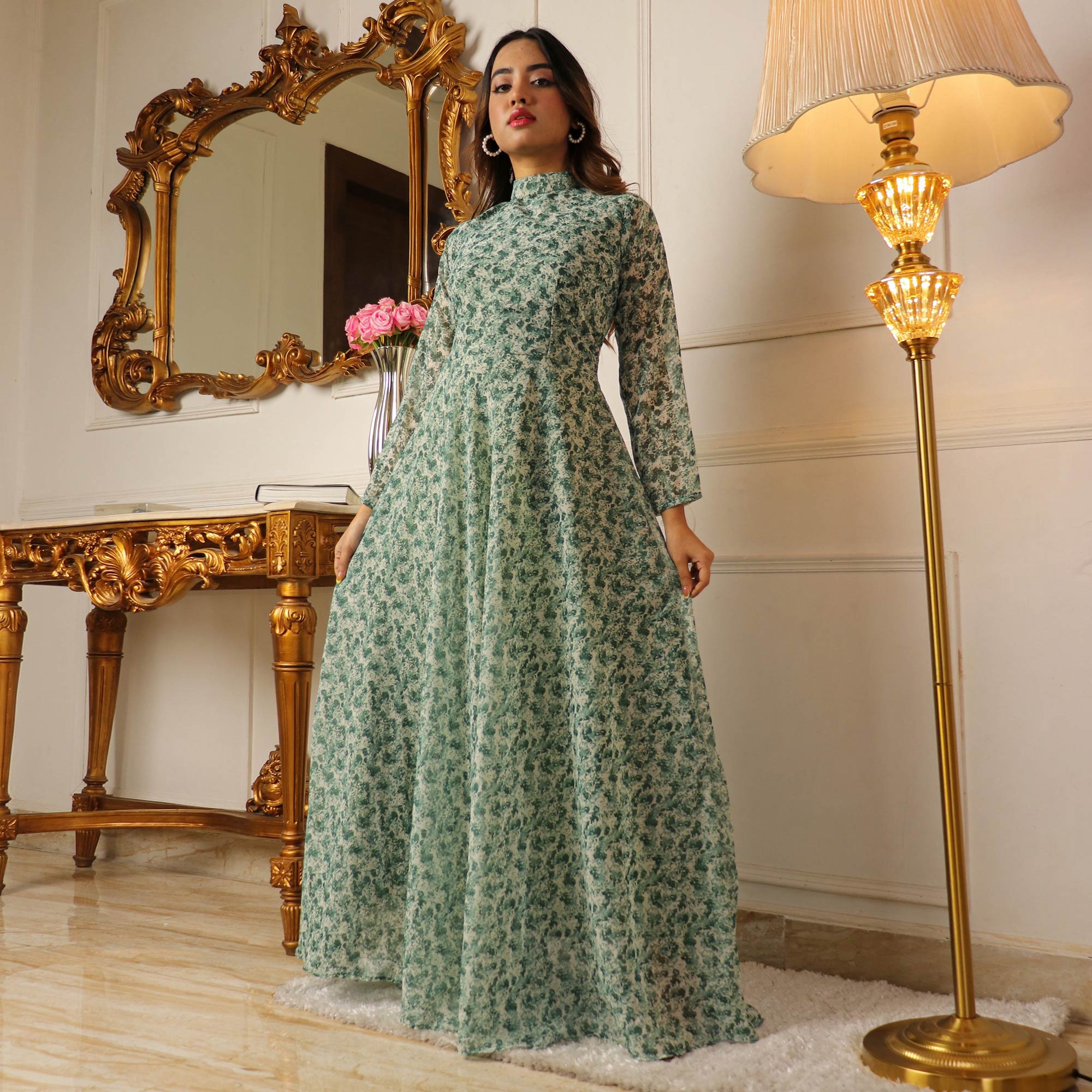 Green Printed Georgette Gown