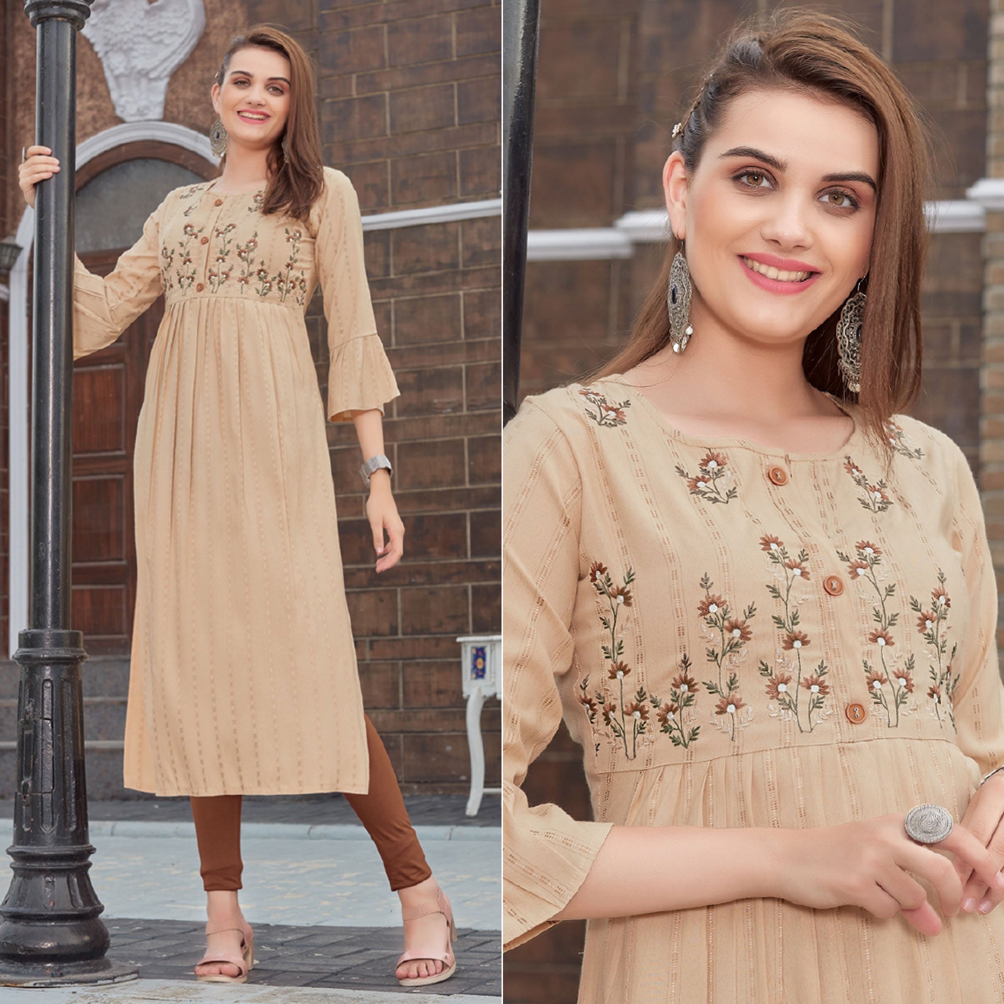 Light Brown Floral Embroidered Rayon Naira Cut Kurti