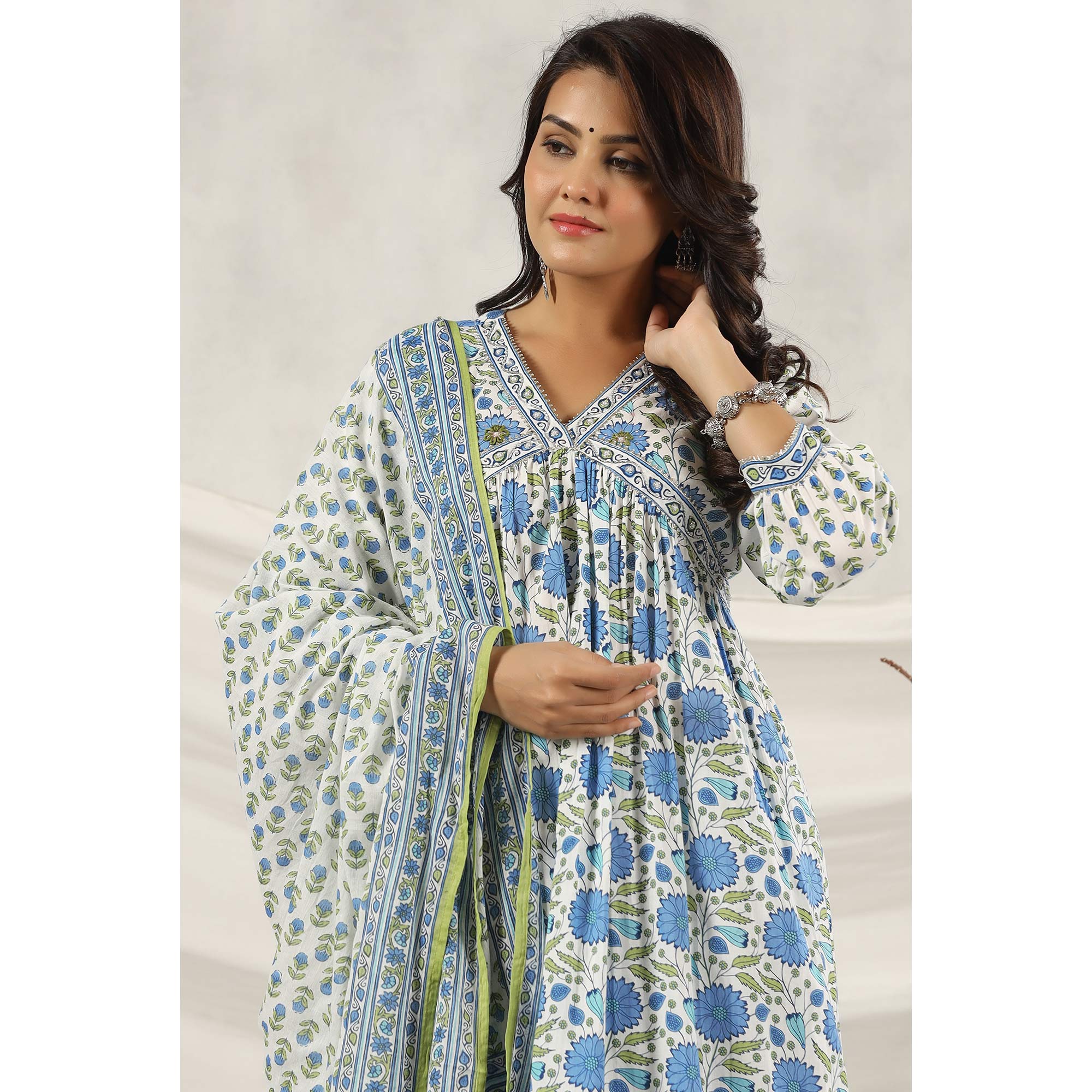 Blue Jaipuri Printed Pure Cotton Anarkali Suit