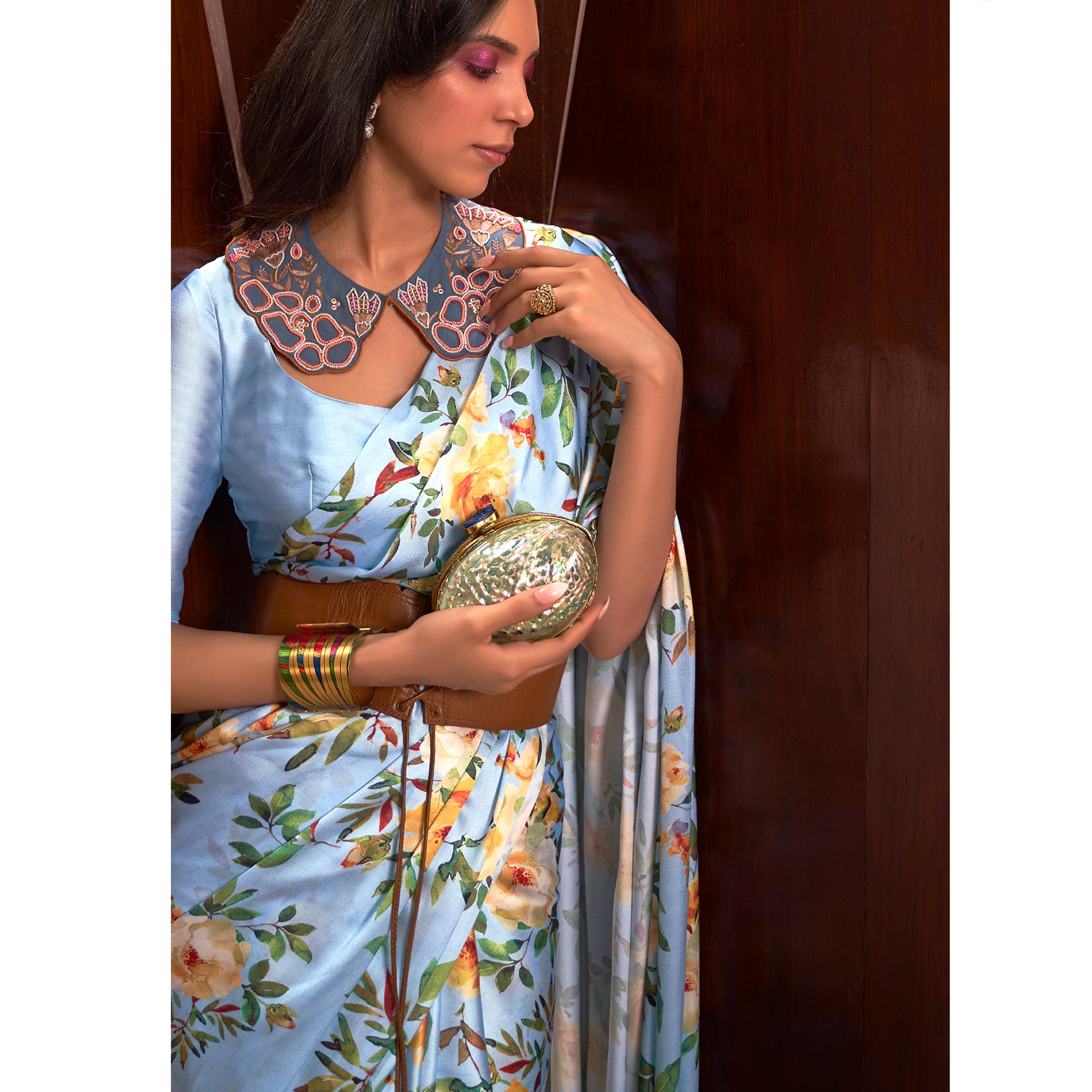 Blue Floral Digital Printed Satin Saree