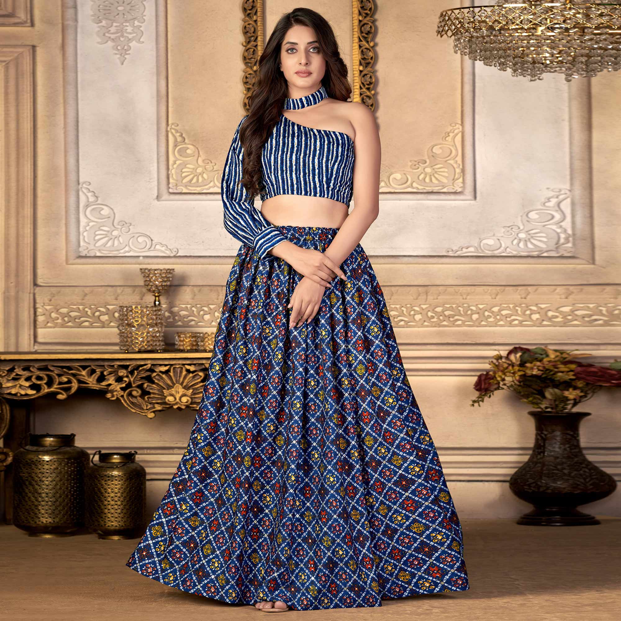 Blue Printed Crepe Top Skirt Set