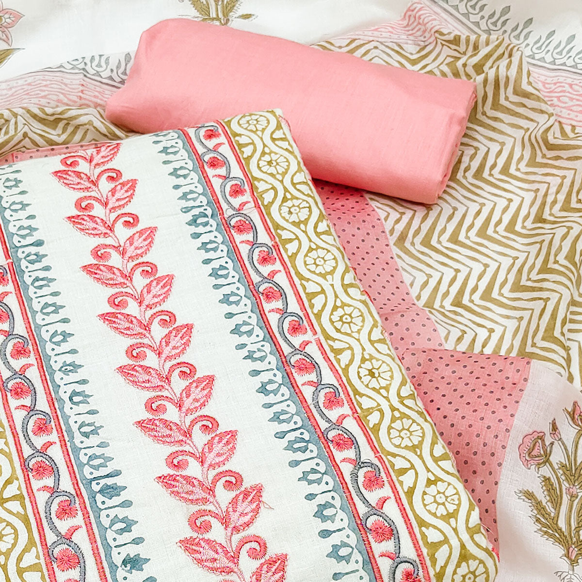 Pink Floral Embroidered Pure Cotton Dress Material
