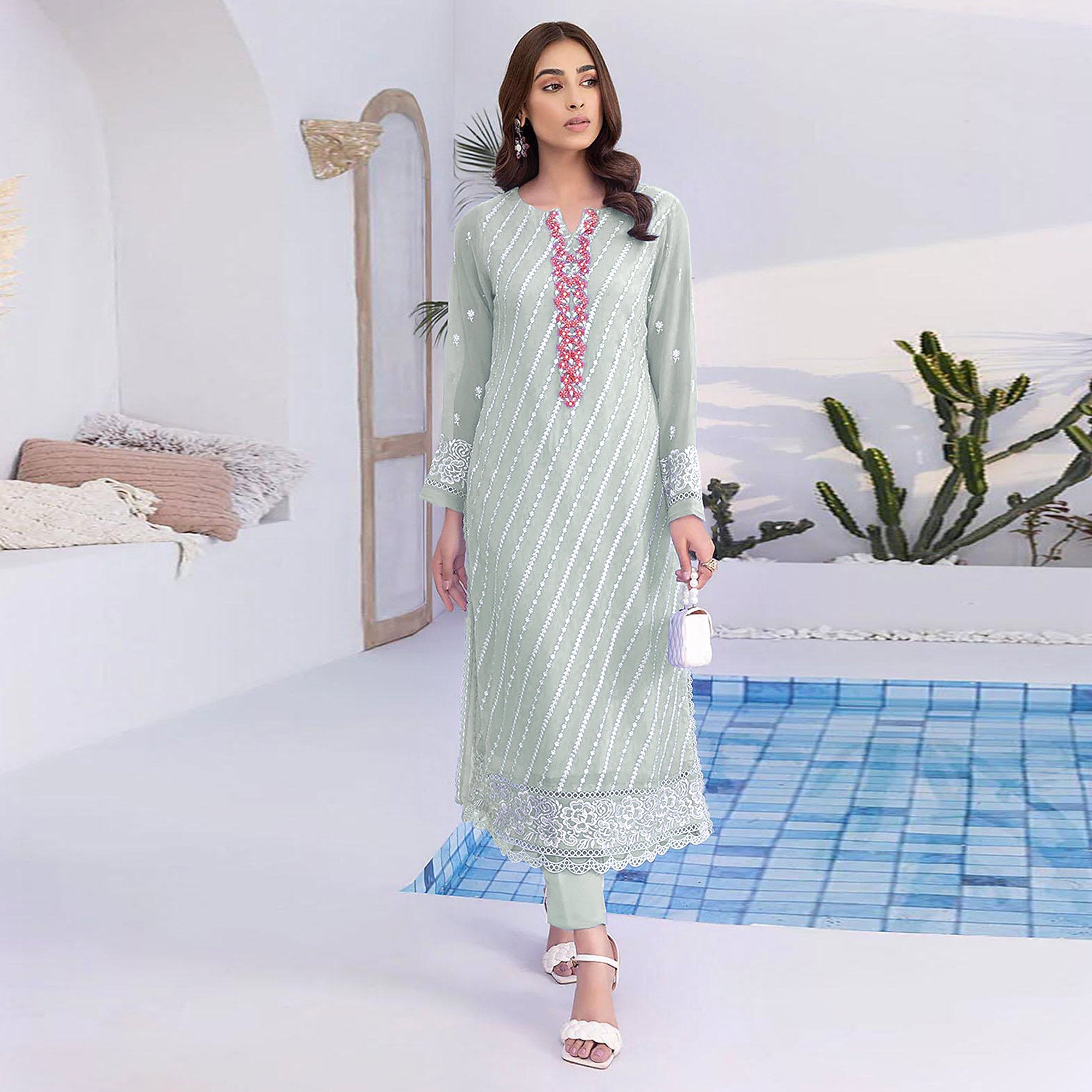 Green Floral Embroidered Georgette Semi Stitched Suit