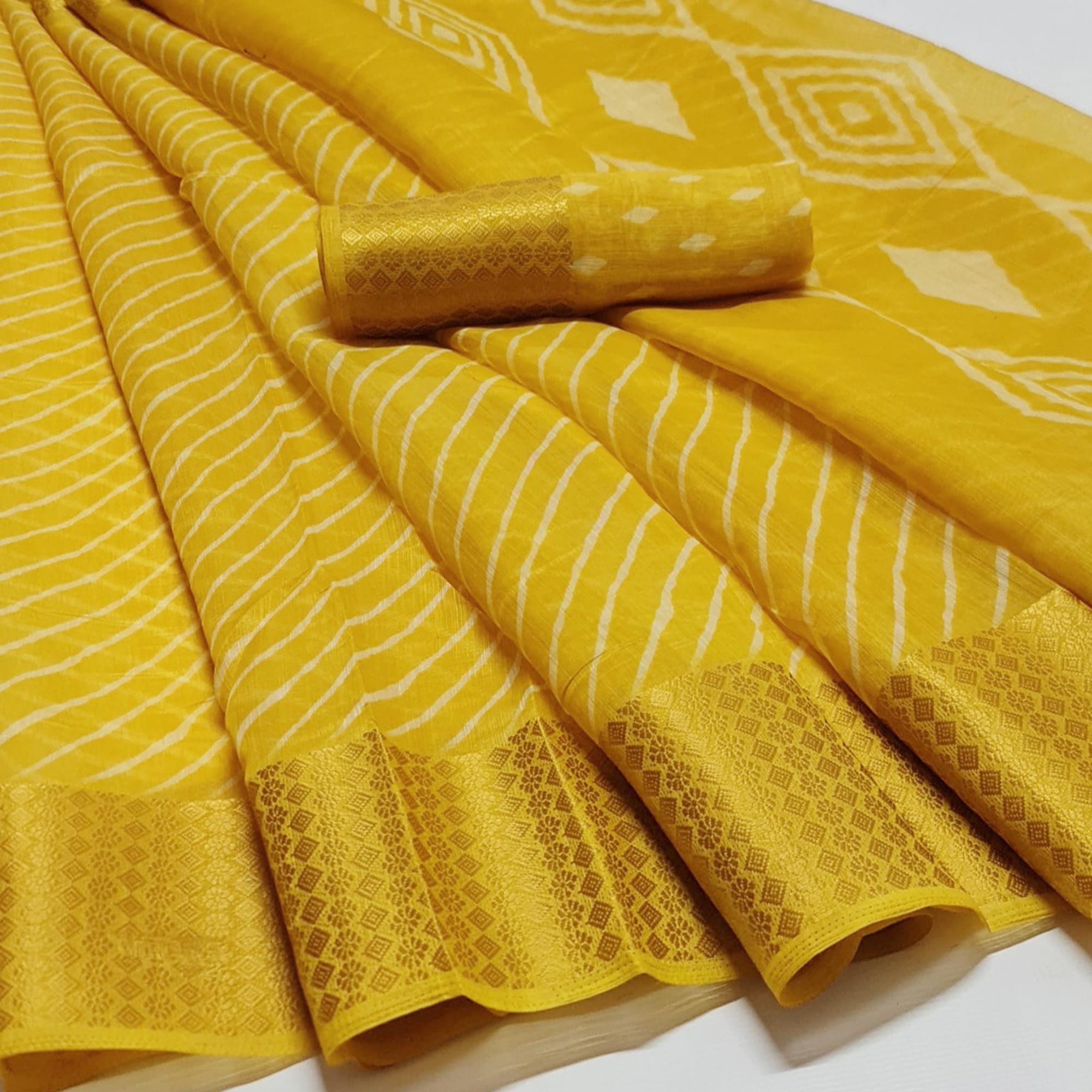 Yellow Striped Printed Linen Saree