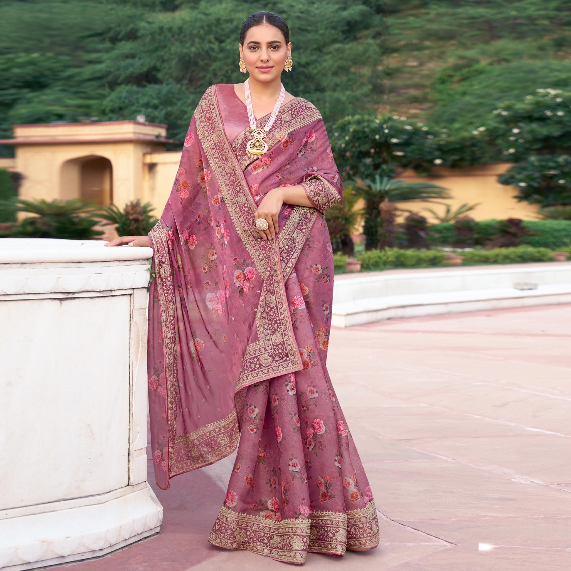 Pink Floral Printed With Embroidered Organza Saree