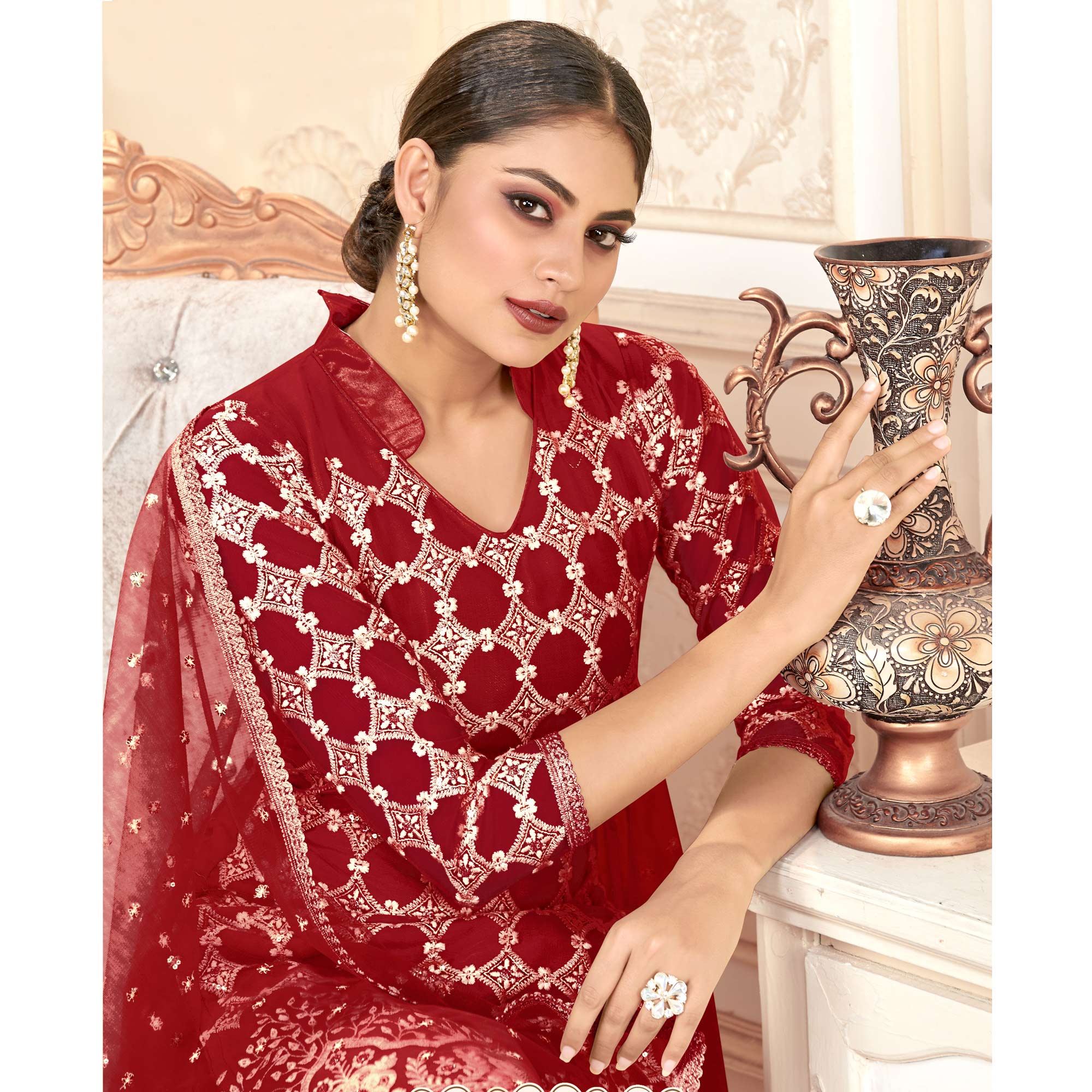 Maroon Sequins Embroidered Net Semi Stitched Suit