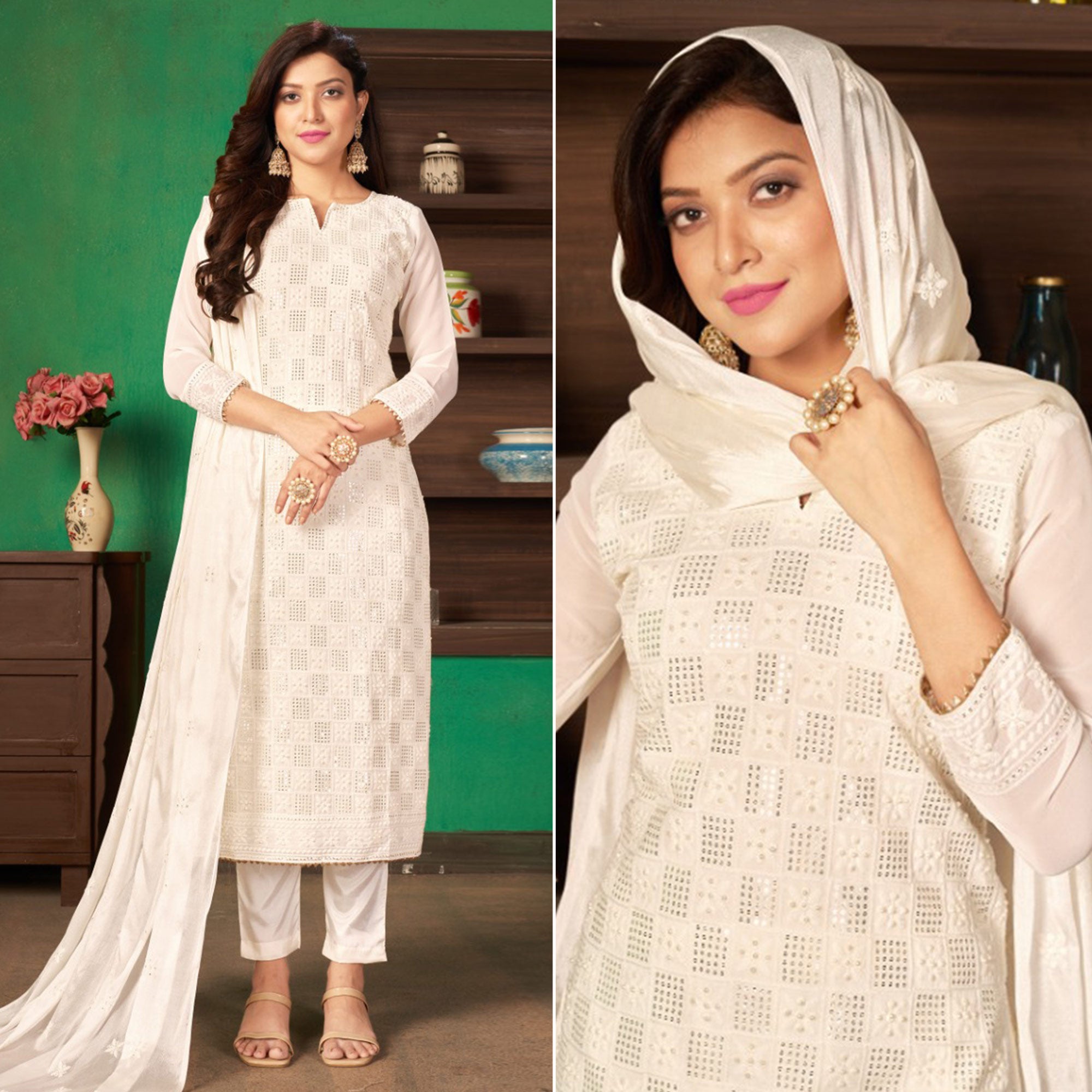 White Sequins Embroidered Georgette Suit