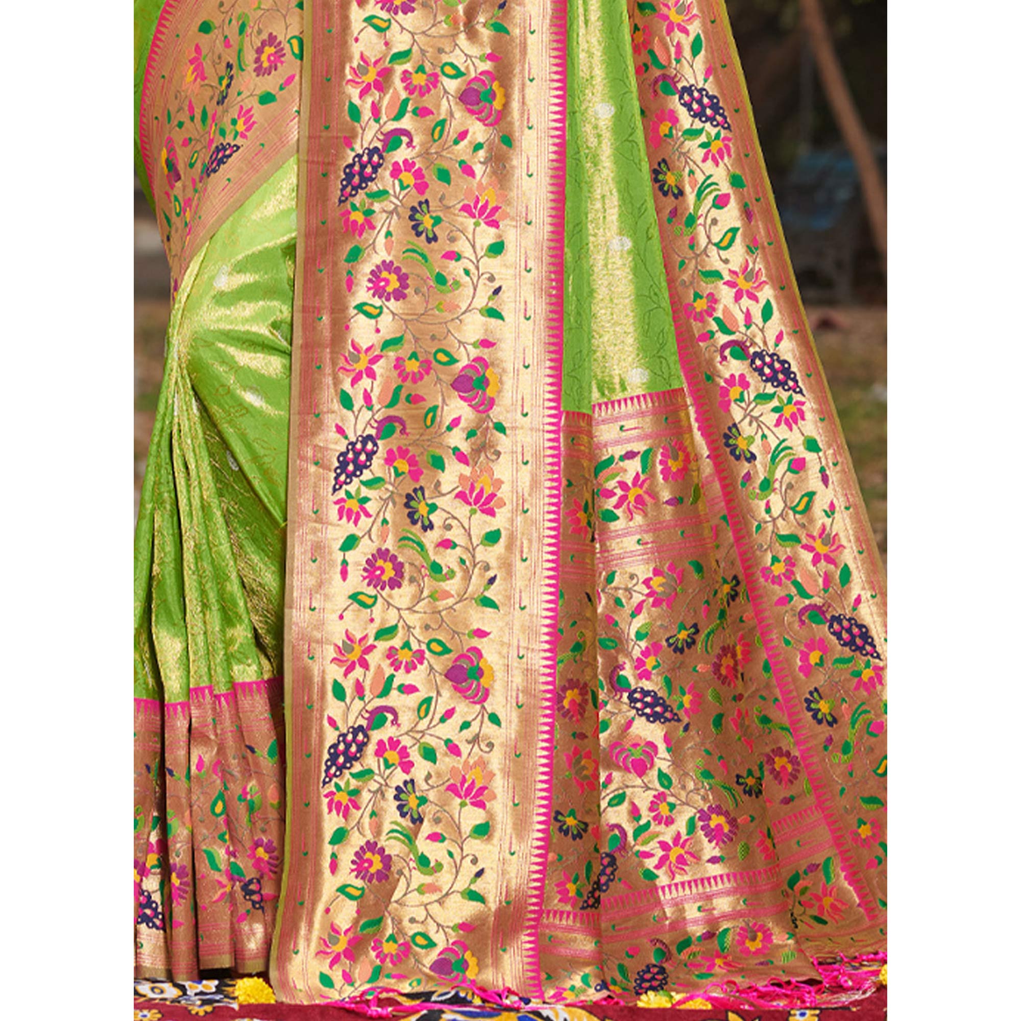 Parrot Green Woven Art Silk Paithani Saree With Tassels
