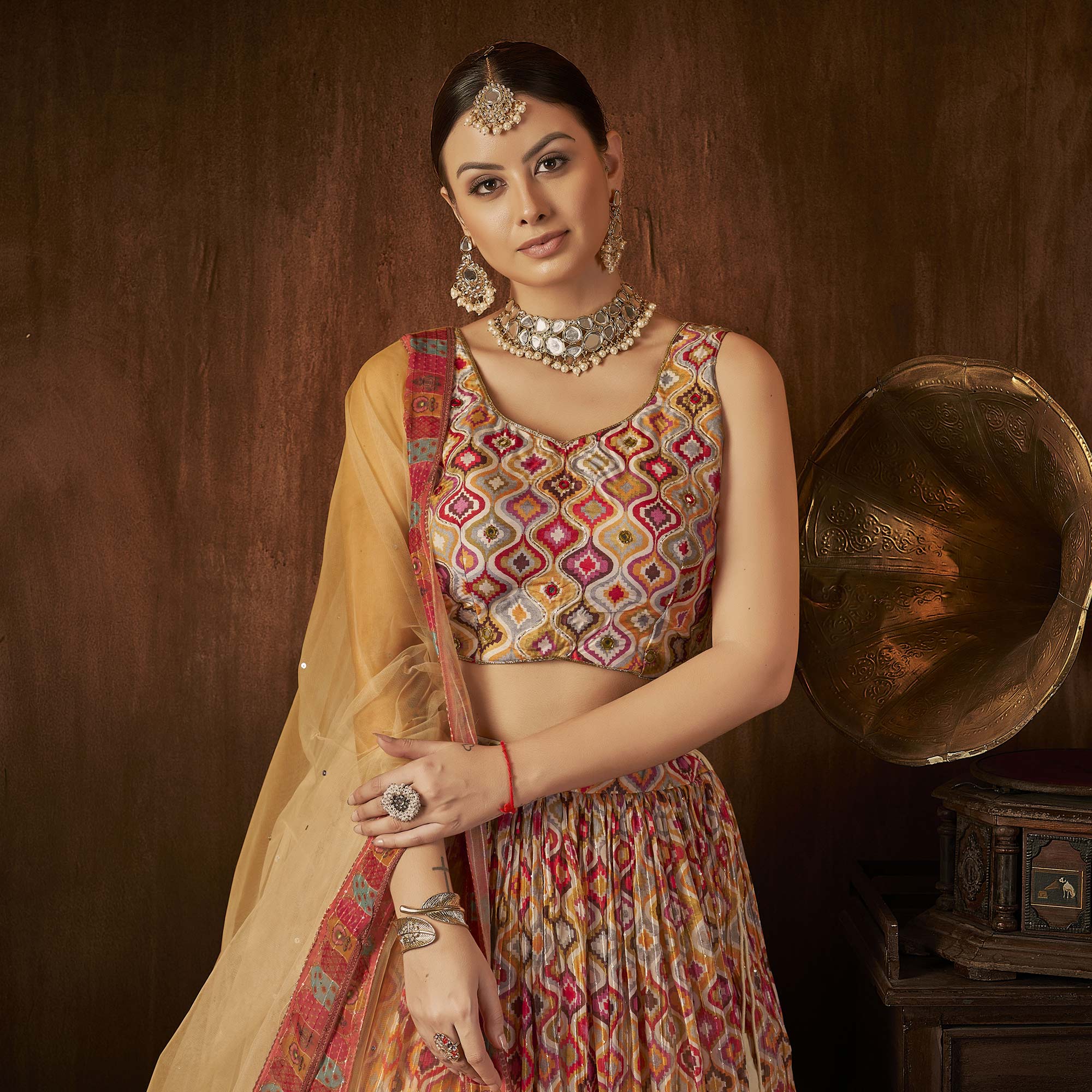 Beige Printed With Sequins Work Georgette Lehenga Choli