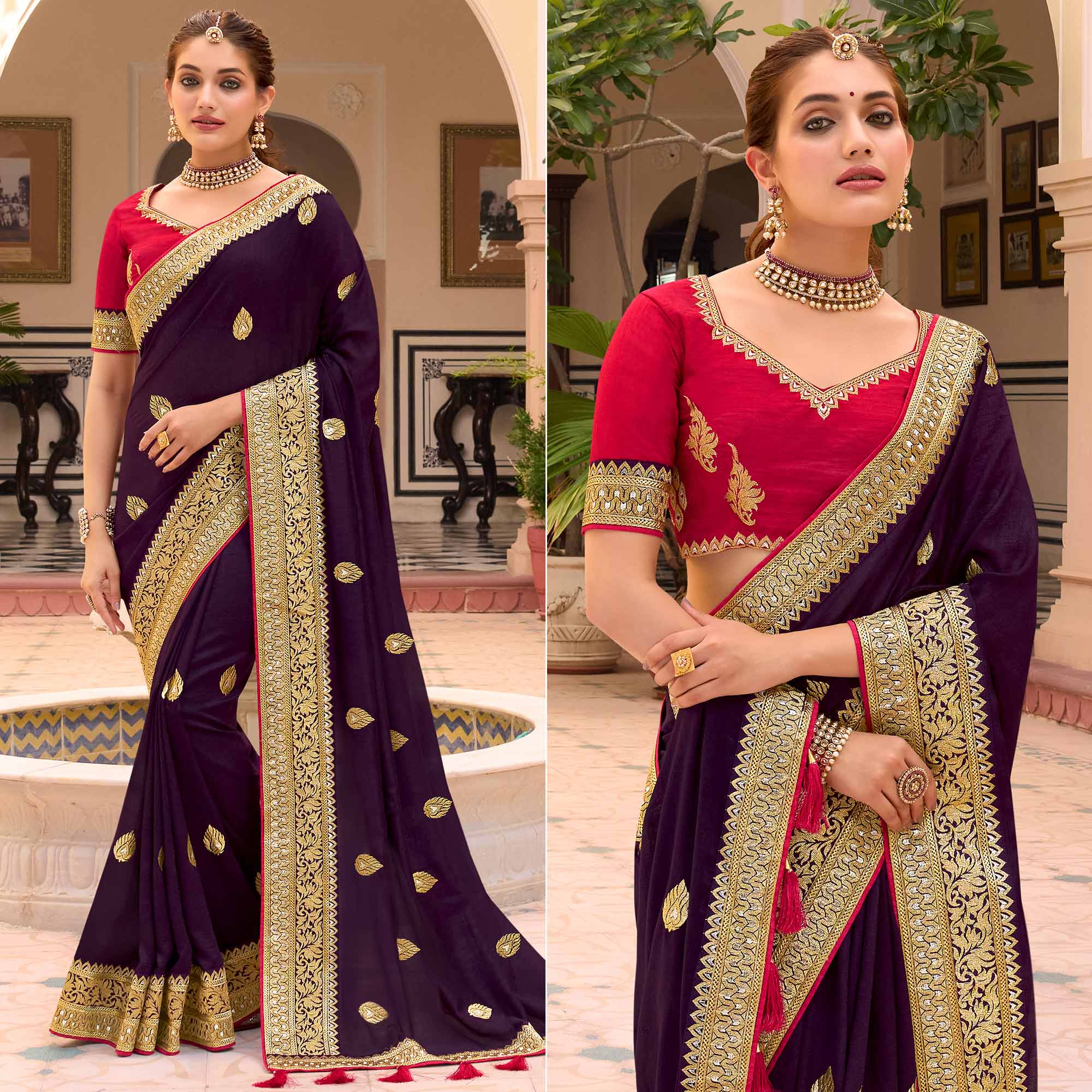 Wine Embroidered Vichitra Silk Saree With With Tassels