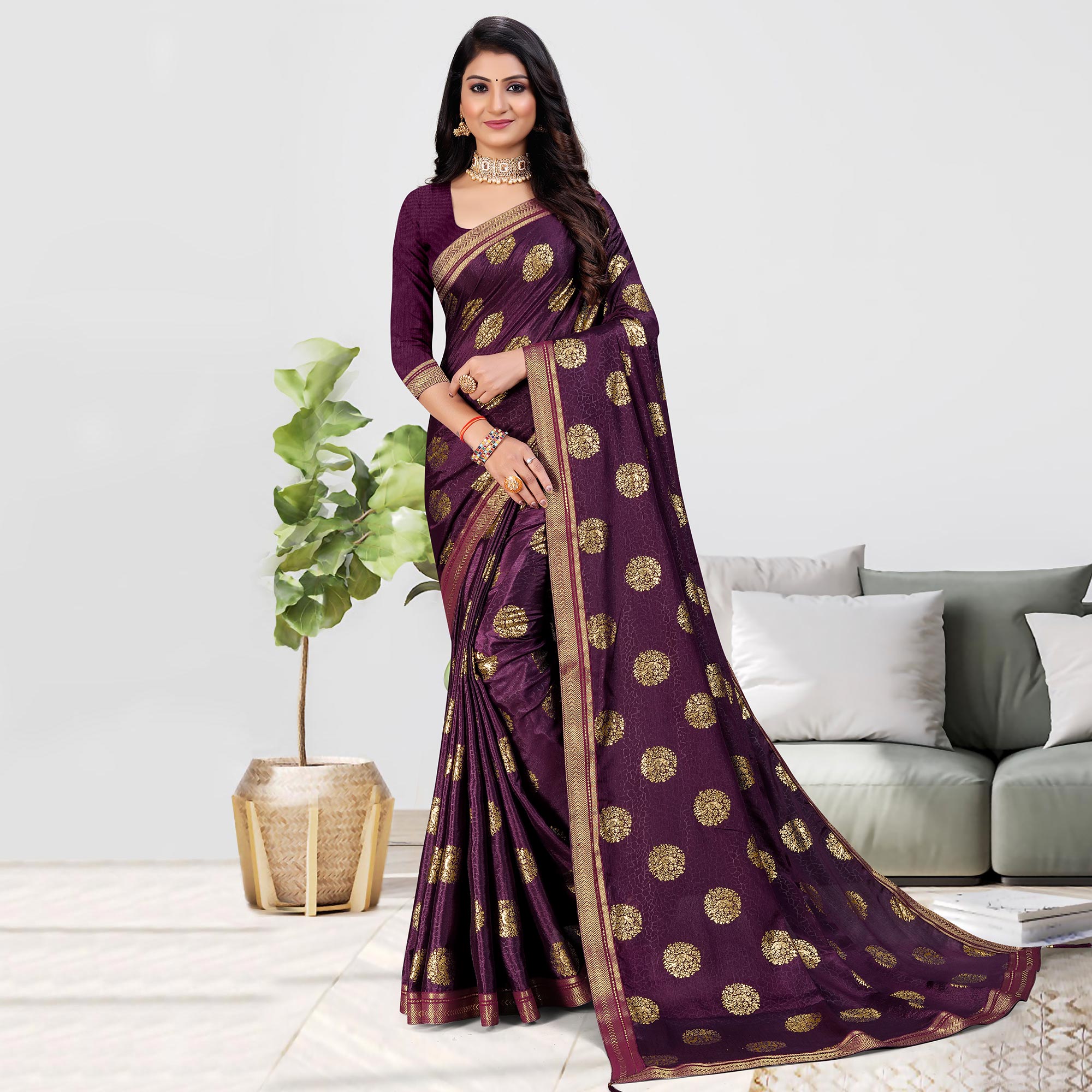 Purple Foil Printed Chiffon Saree