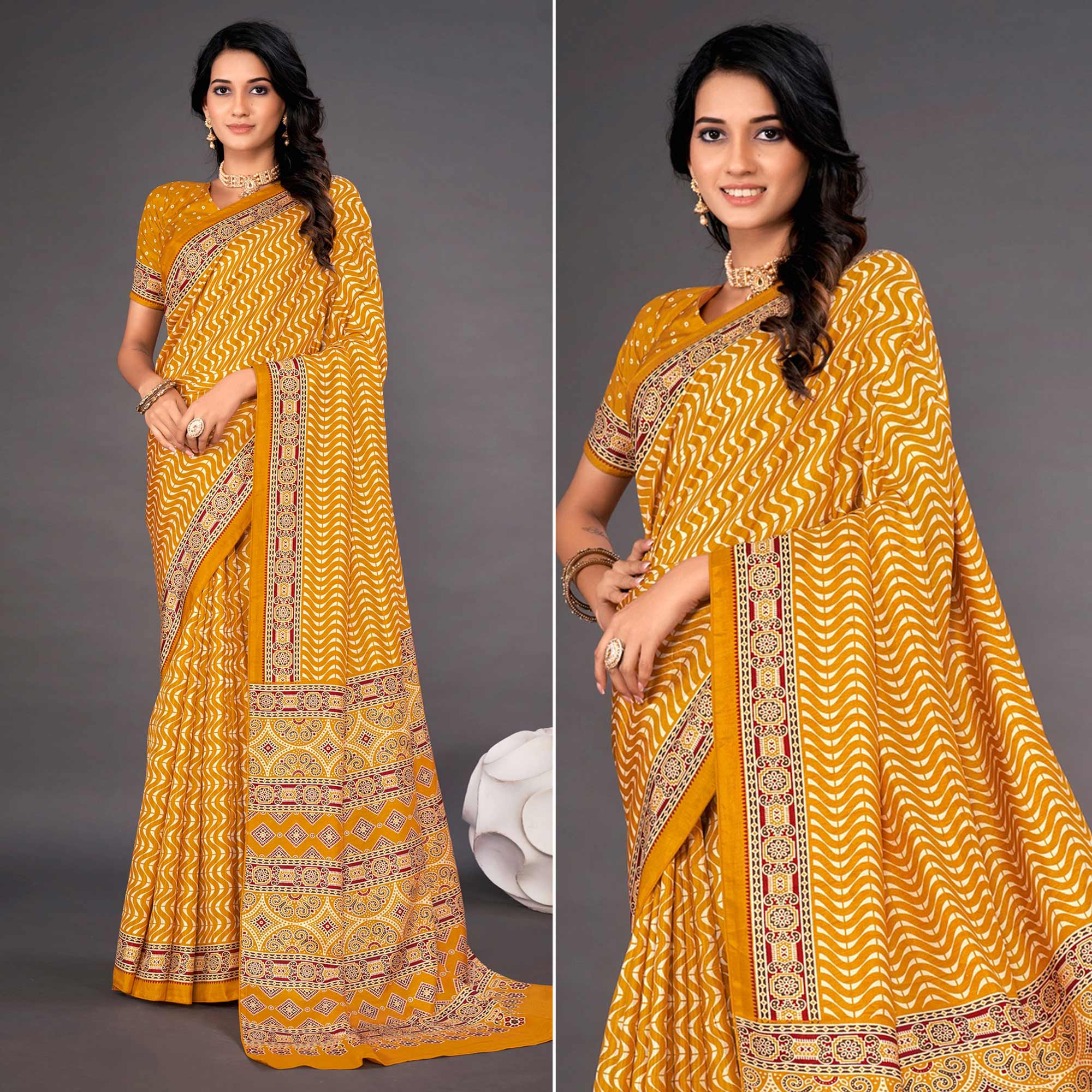 Mustard Printed Dola Silk Saree