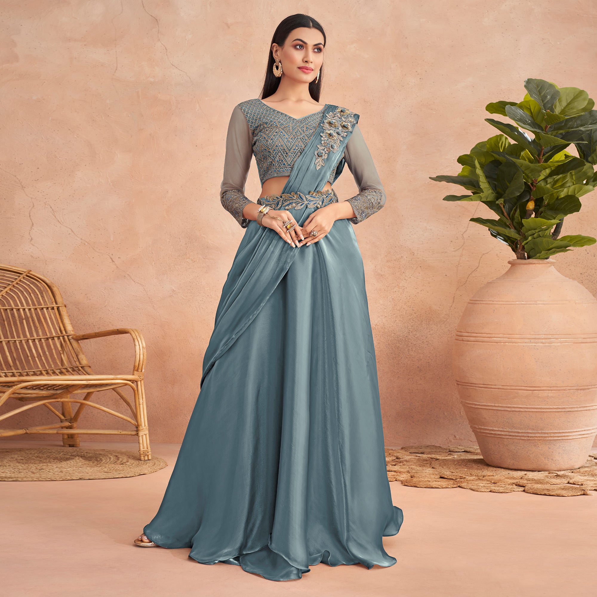 Grey Sequins Embroidered Ready to Wear Art Silk Saree