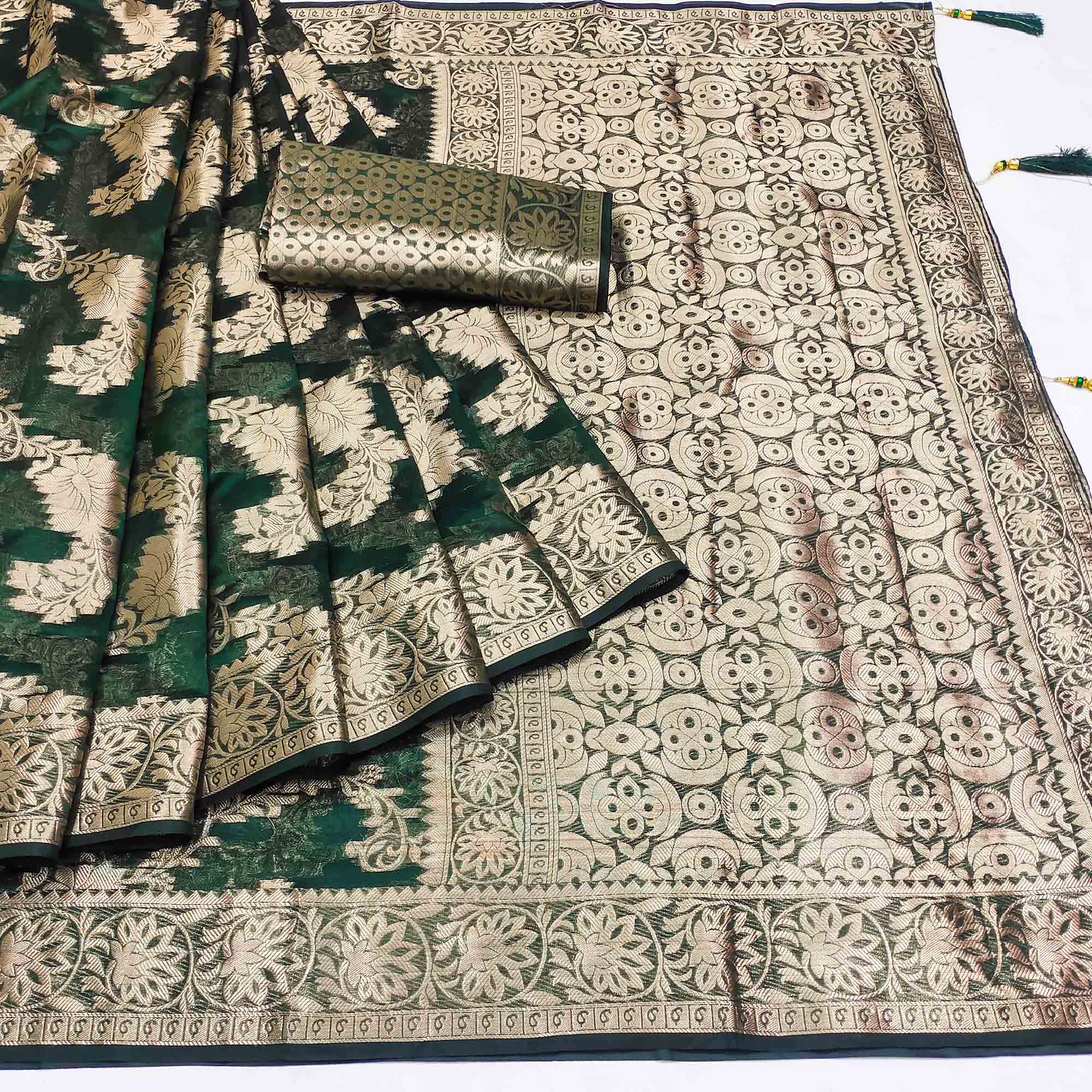 Bottle Green Floral Woven Art Silk Saree With Tassels