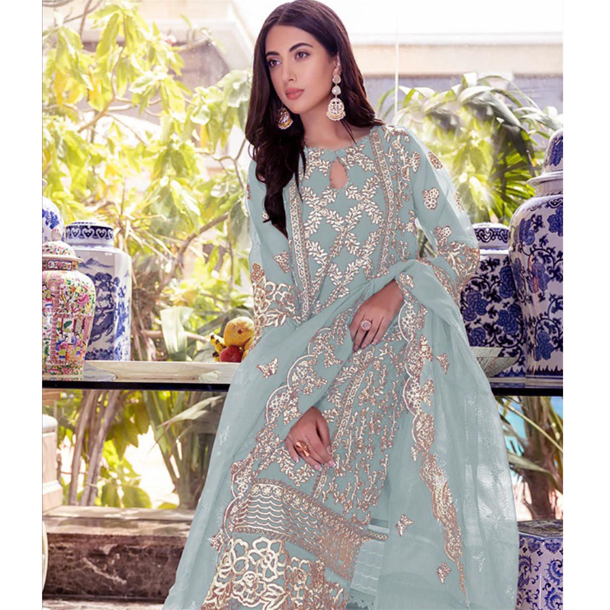 Blue Floral Embroidered Georgette Salwar Suit