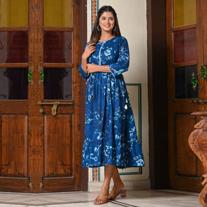 Blue Floral Printed Pure Cotton Dress