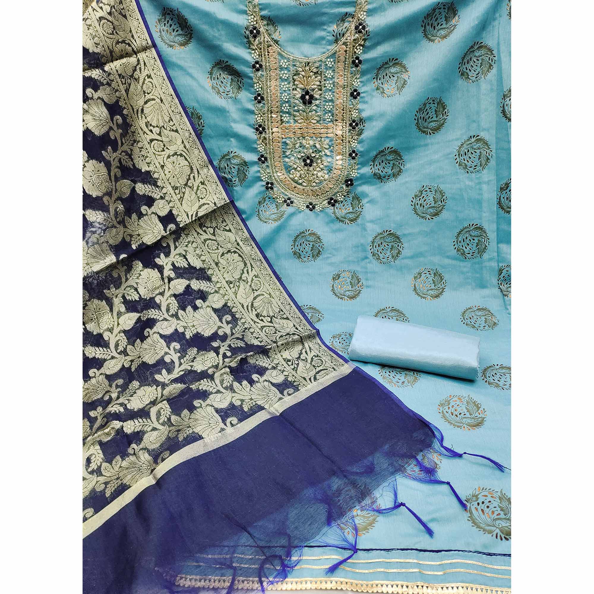 Sky Blue Floral Printed With Handwork Modal Dress Material
