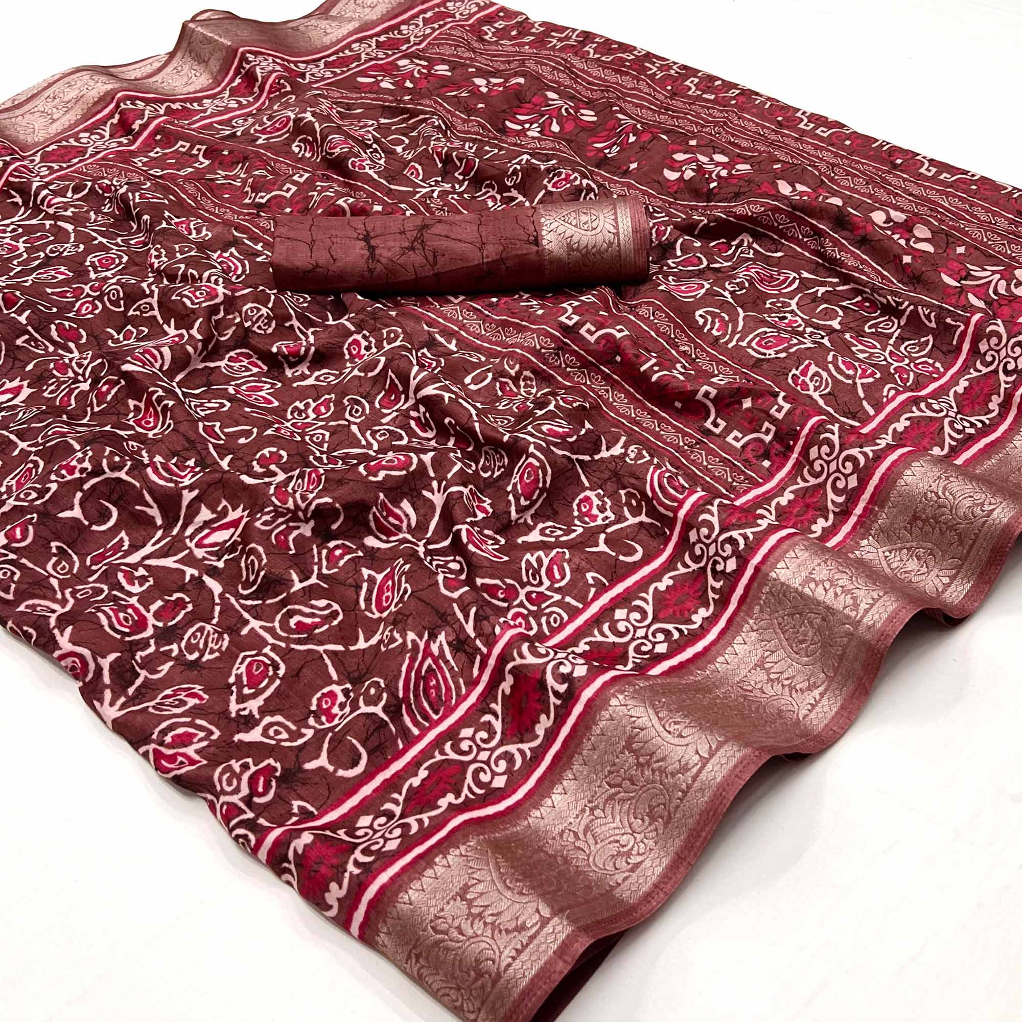Brown Printed Dola Silk Saree