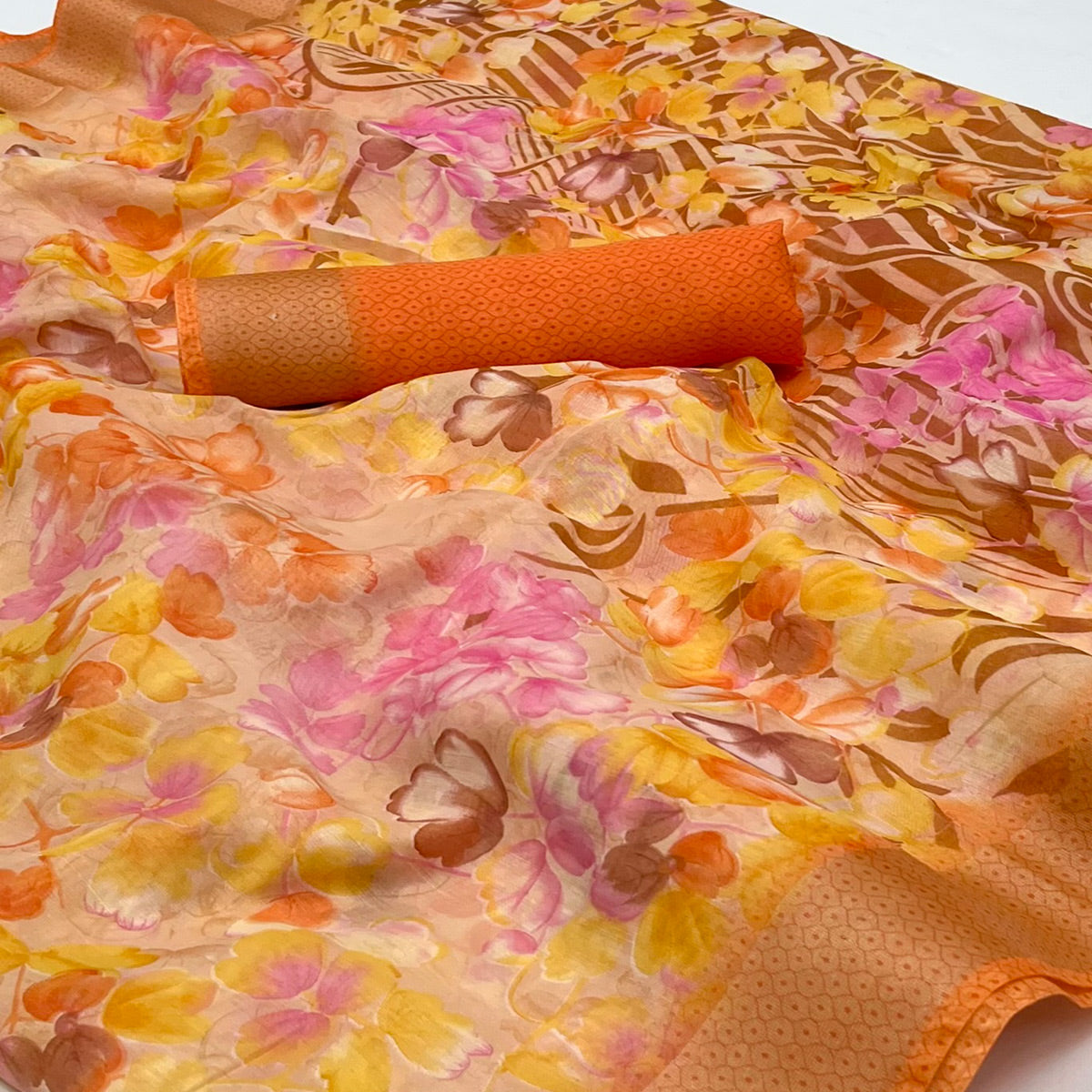 Peach Floral Printed Linen Saree