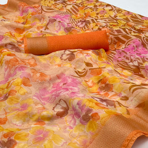 Peach Floral Printed Linen Saree
