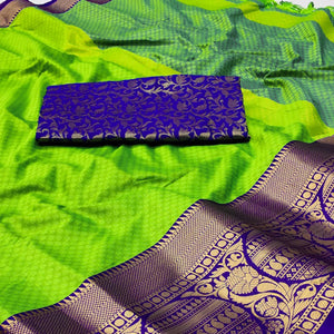 Parrot Green Woven Cotton Silk Saree With Tassels