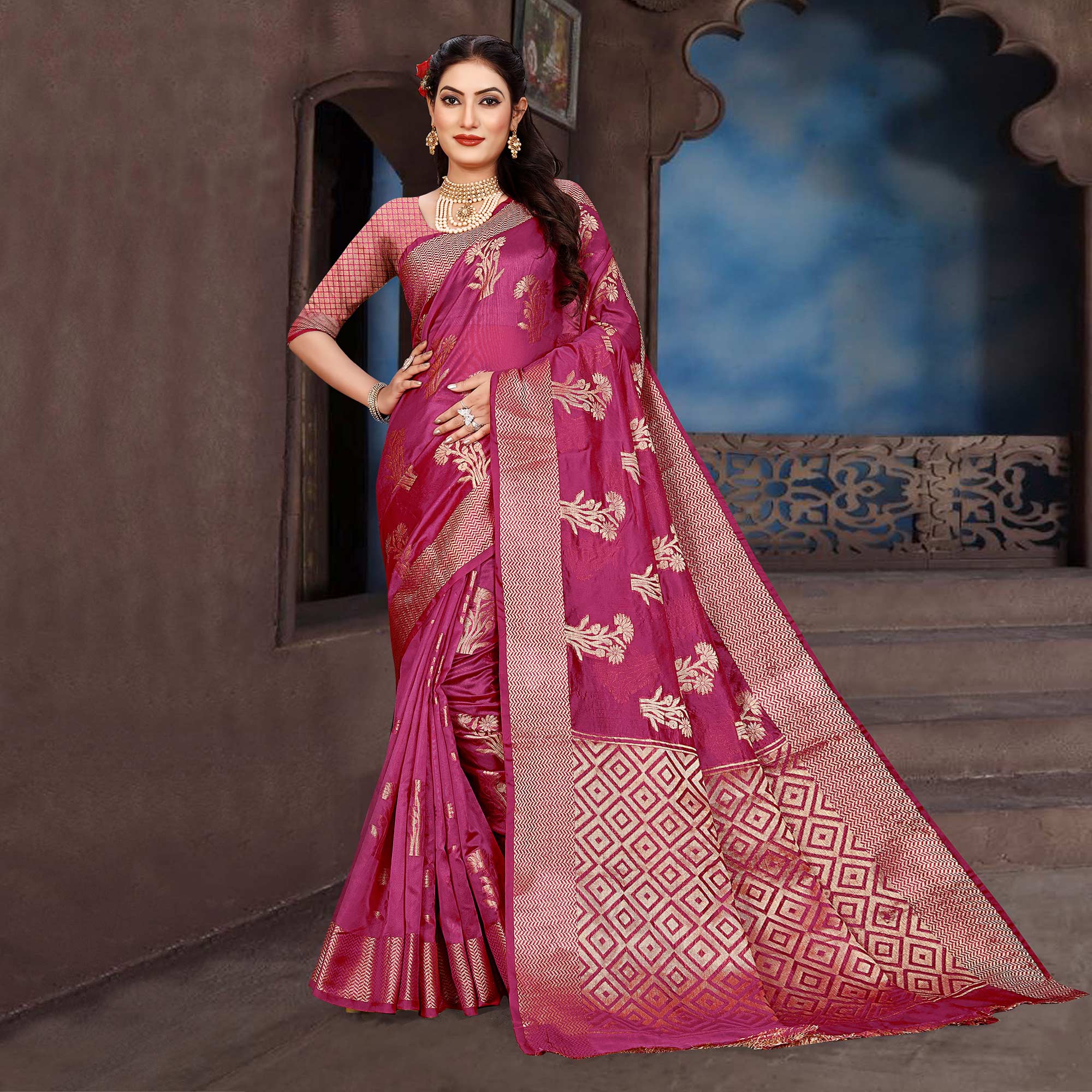 Rani Pink Floral Woven Organza Saree