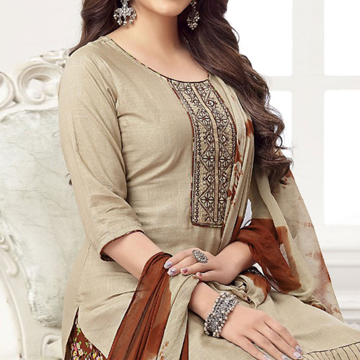 Beige Embroidered Rayon Patiala Suit